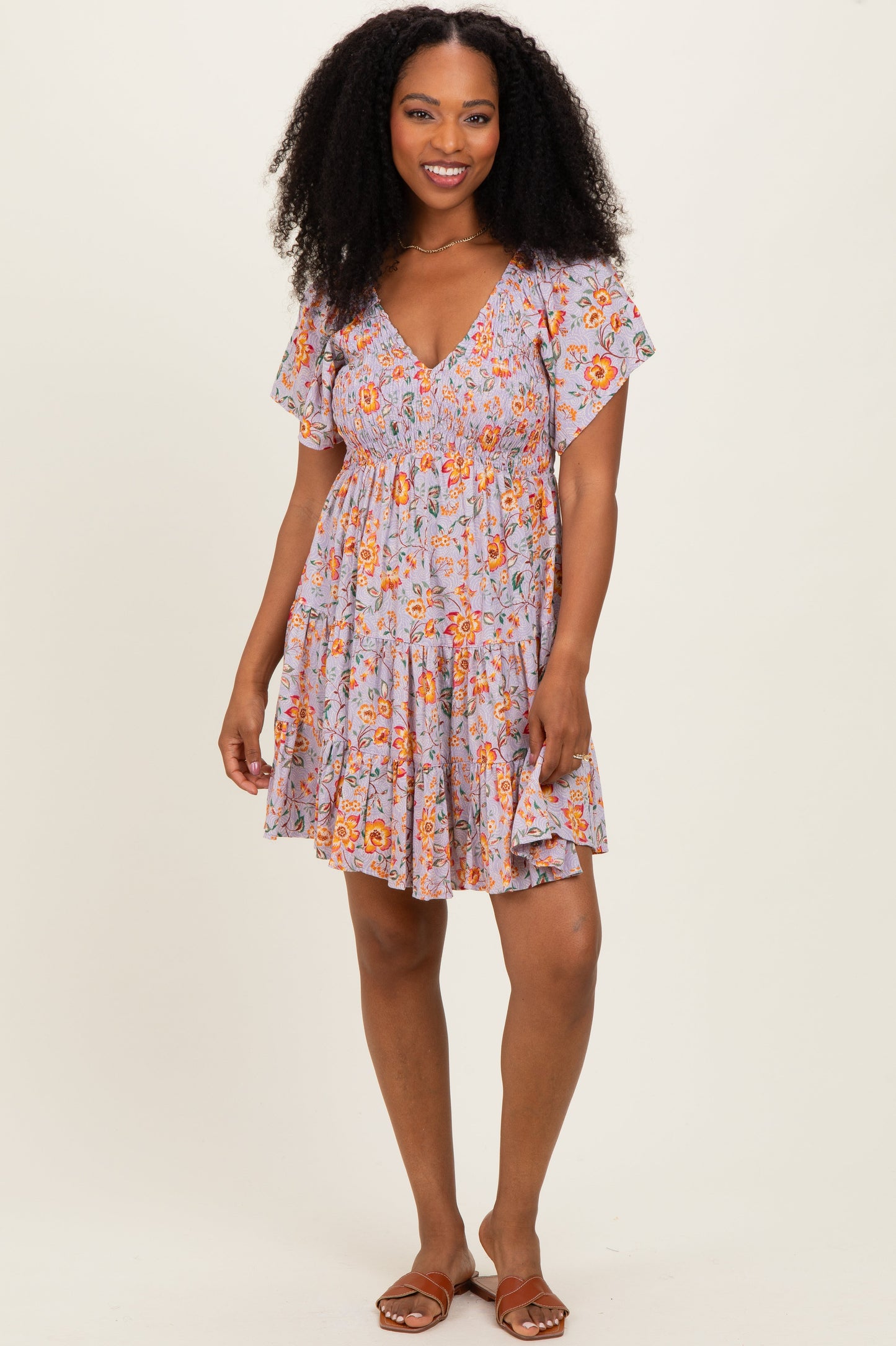 Lavender V Neck Smocked Bodice Floral Print Maternity Dress