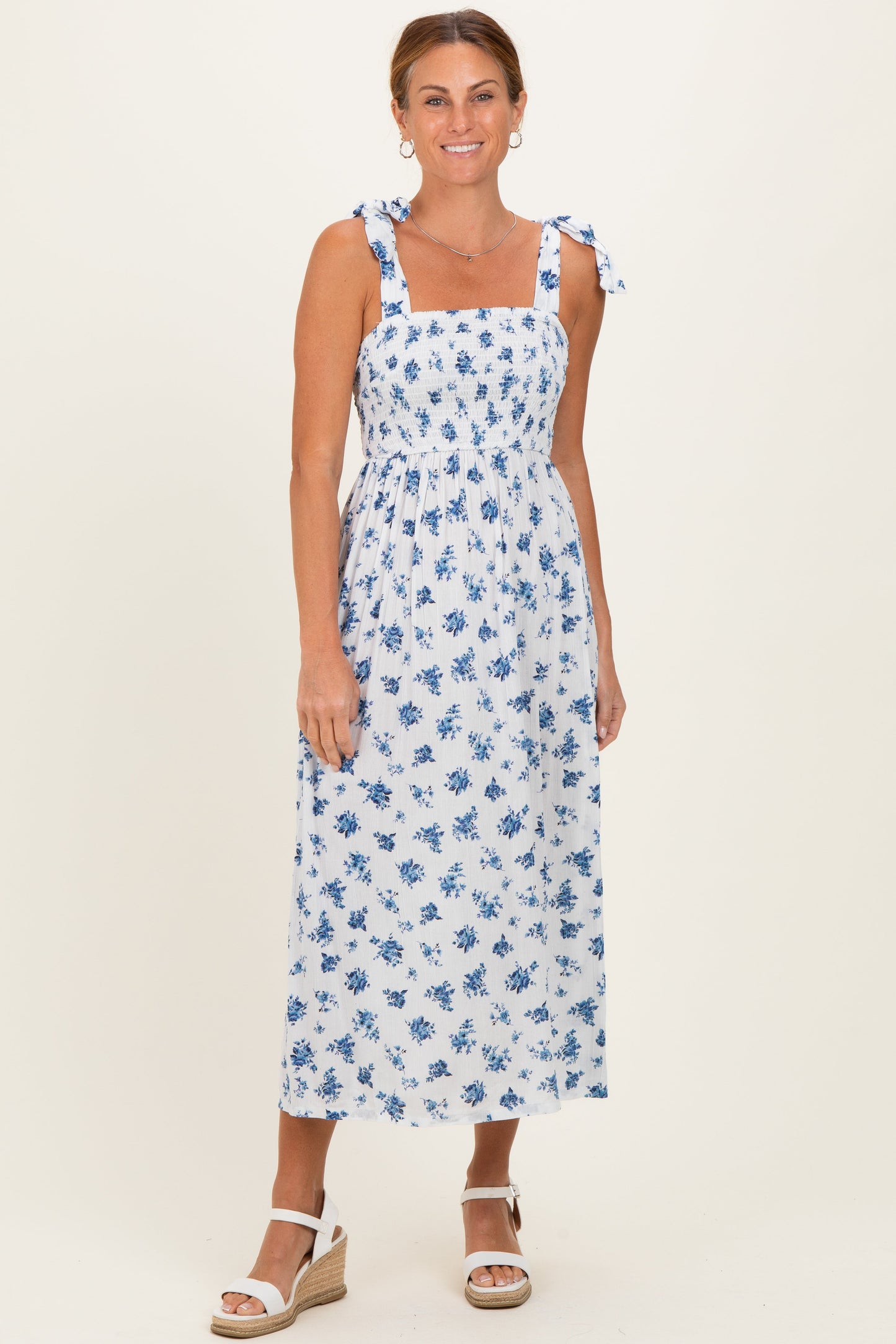 Ivory Smocked Bodice Tie Straps Floral Print Maternity Maxi Dress