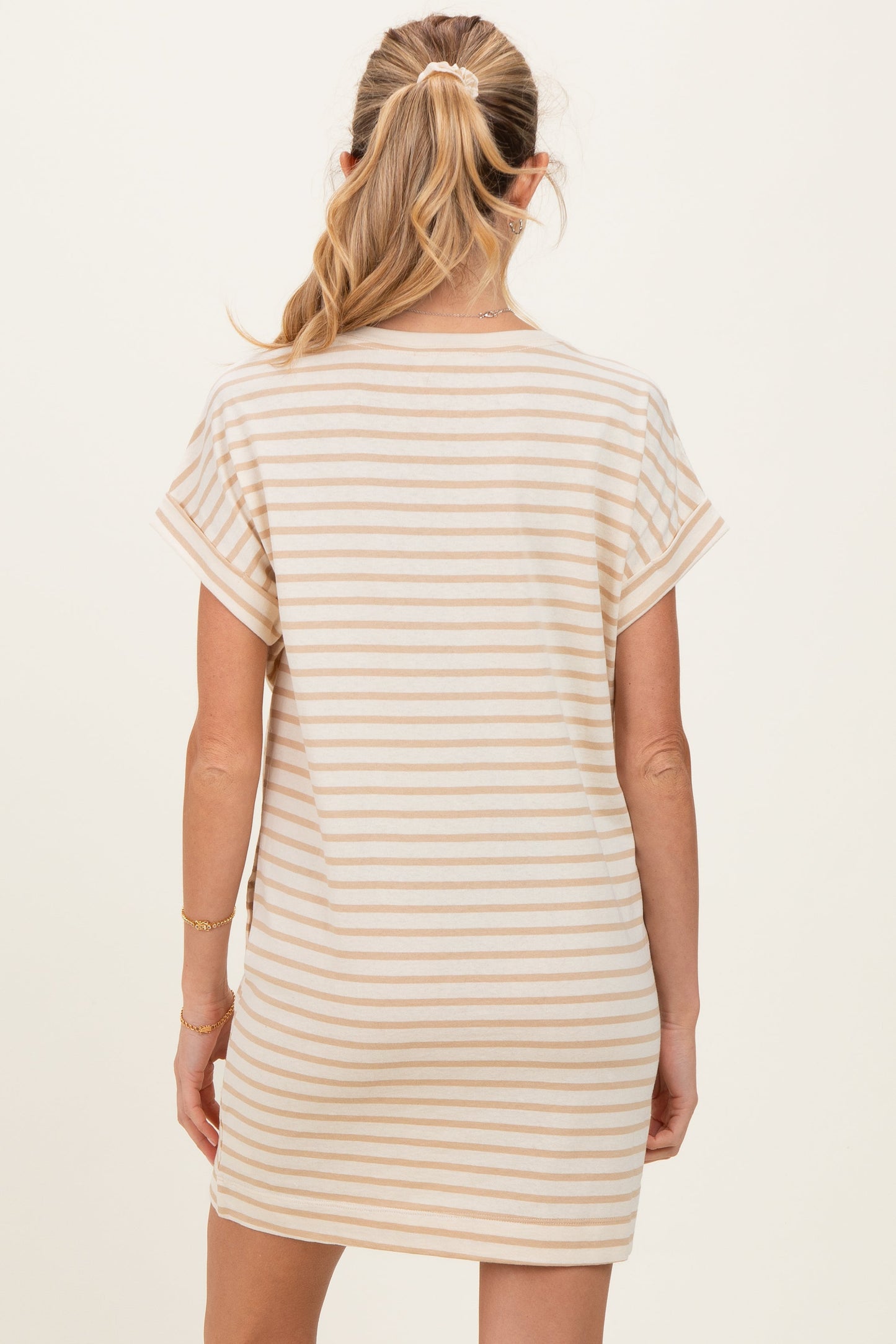 Taupe Striped Maternity T-Shirt Mini Dress