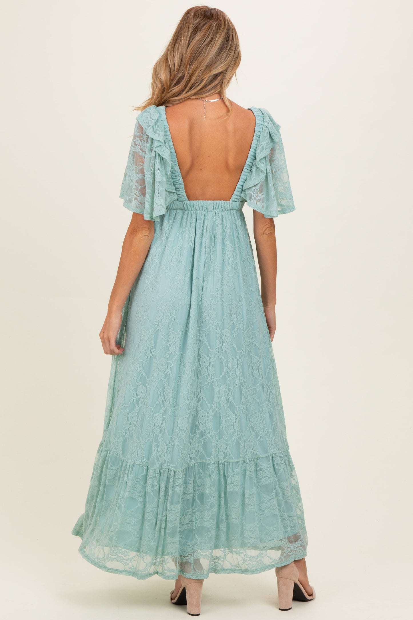 Sage Aqua Lace Flutter Sleeve Tiered Maternity Maxi Dress