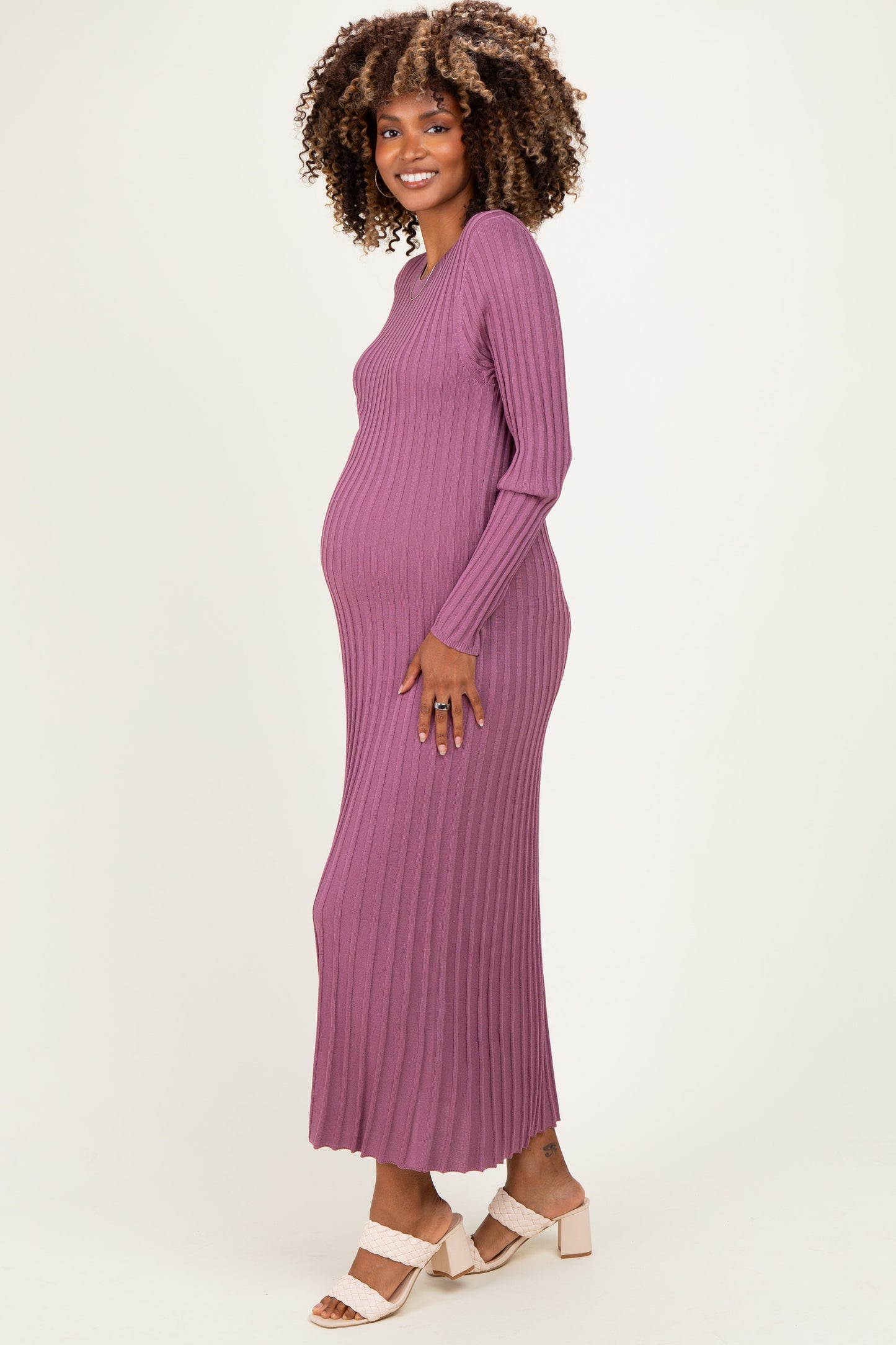 Mauve Ribbed Long Sleeve Maternity Sweater Midi Dress