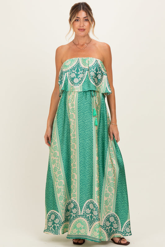 Green Printed Satin Flounce Strapless Maternity Maxi Dress