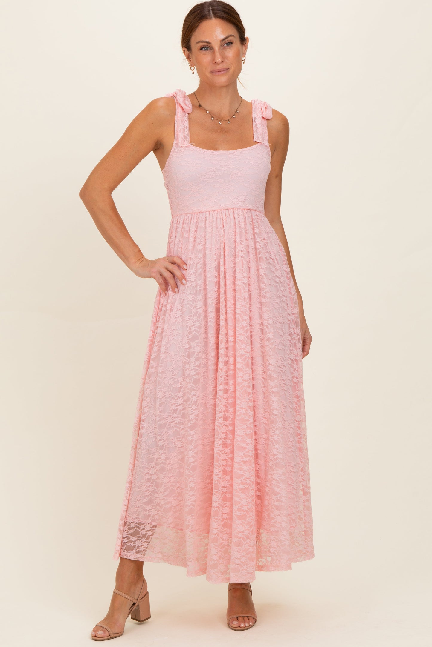 Light Pink Sleeveless Lace Maternity Maxi Dress