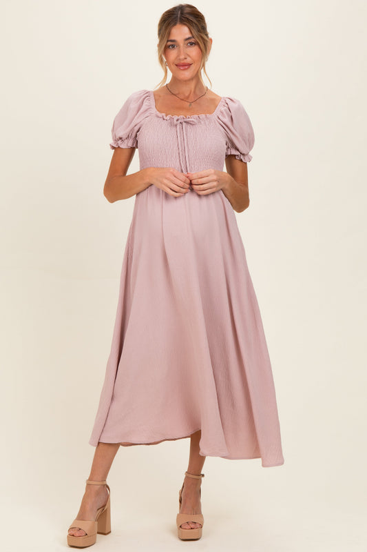 Mauve Square Neck Puff Sleeve Maternity Midi Dress
