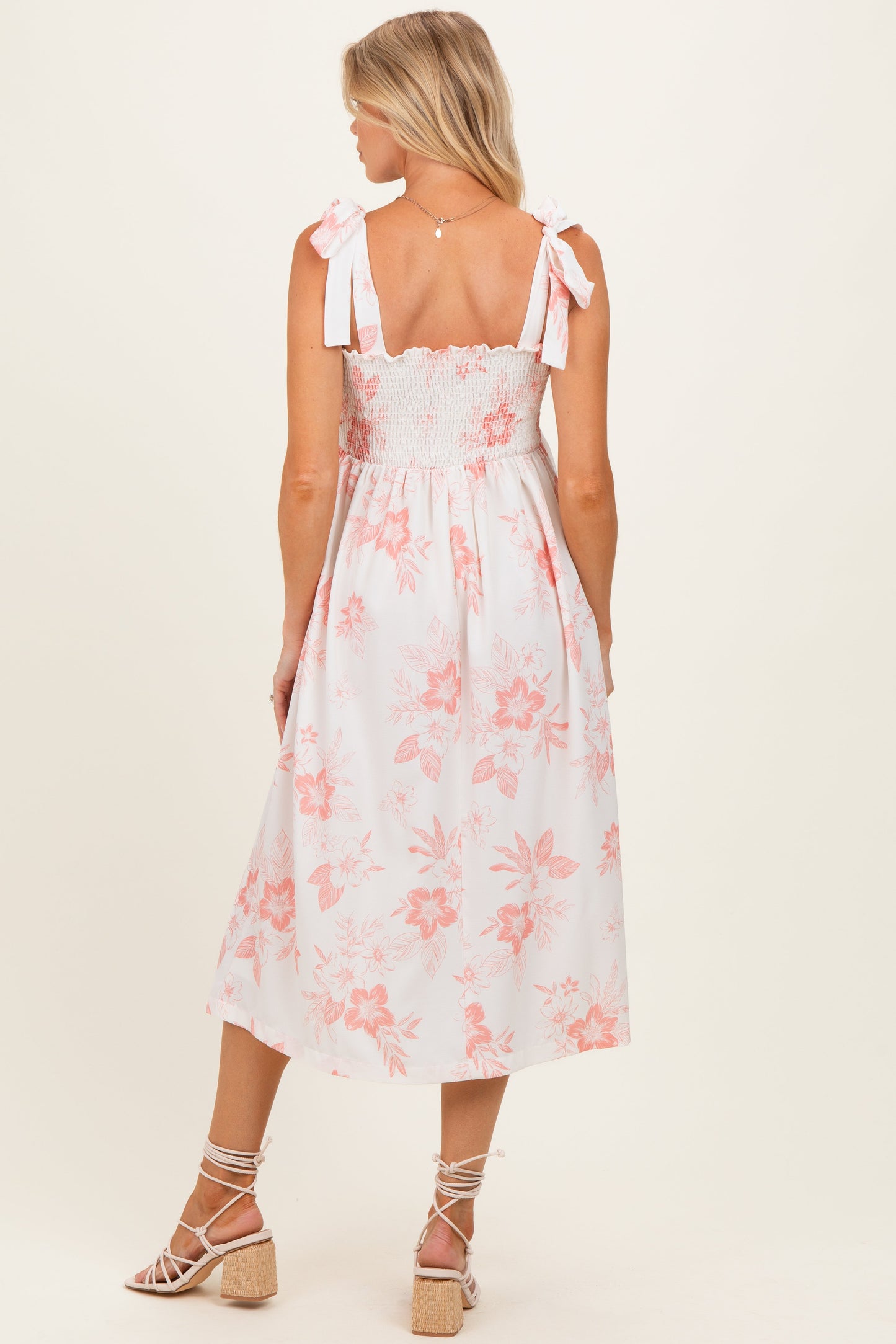 Peach Floral Smocked Maternity Midi Dress