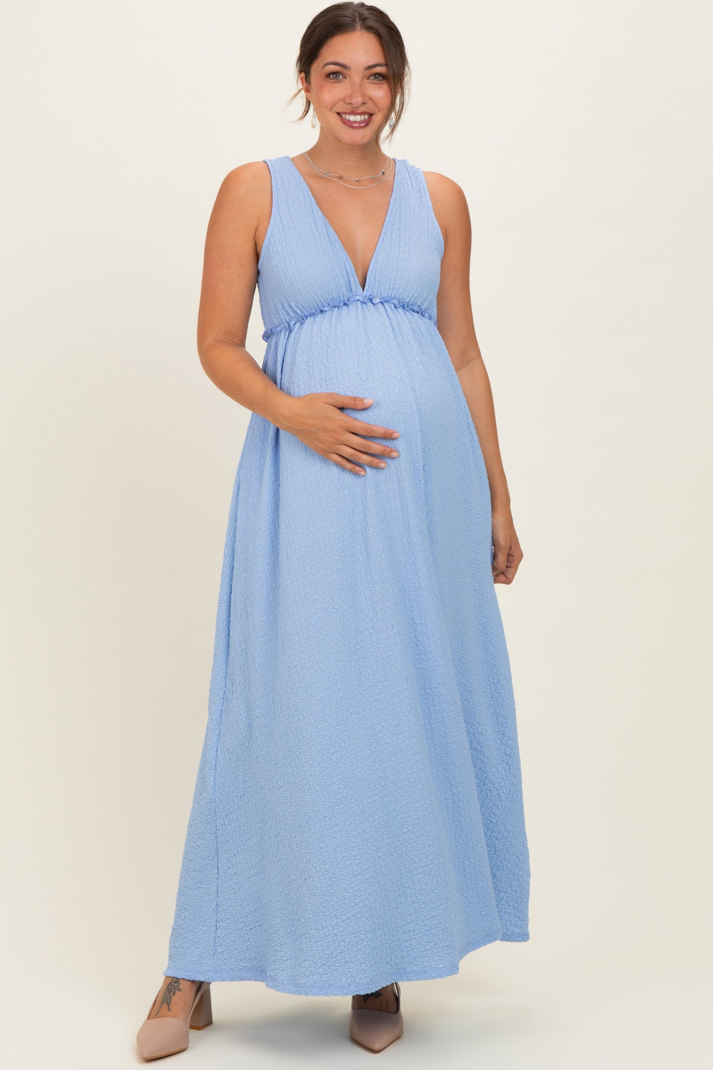 Light Blue Sleeveless Deep V-Neck Maternity Maxi Dress
