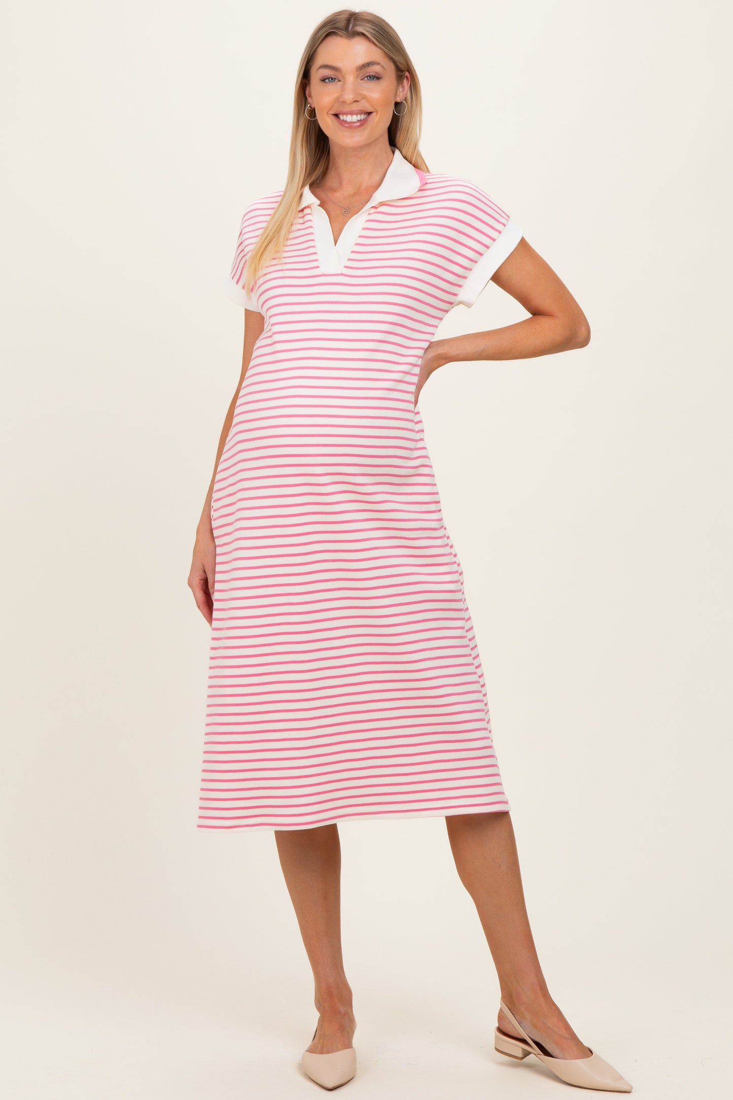 Pink Striped Polo Maternity Midi Dress