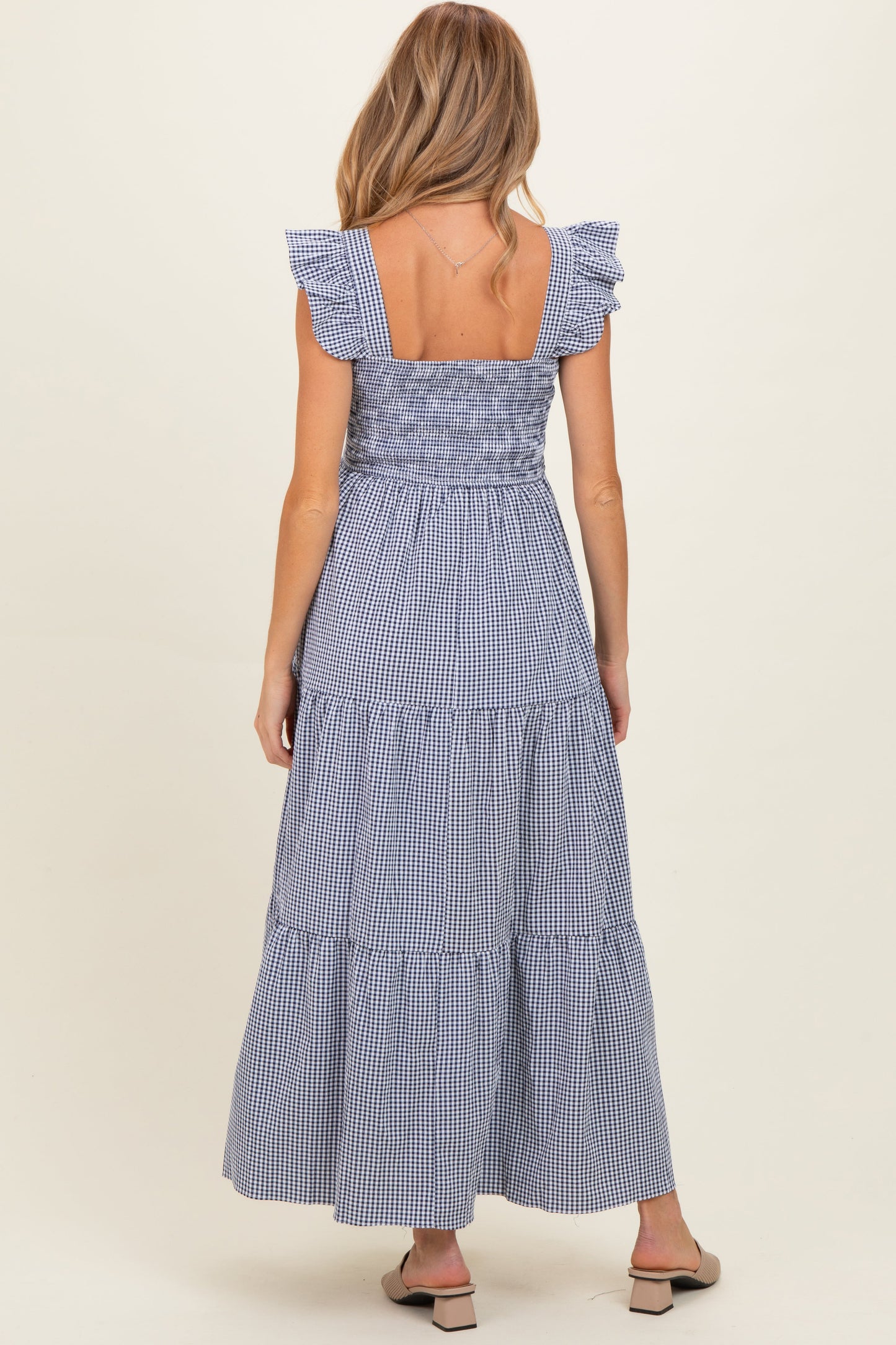 Navy Gingham Ruffle Strap Smocked Maternity Maxi Dress