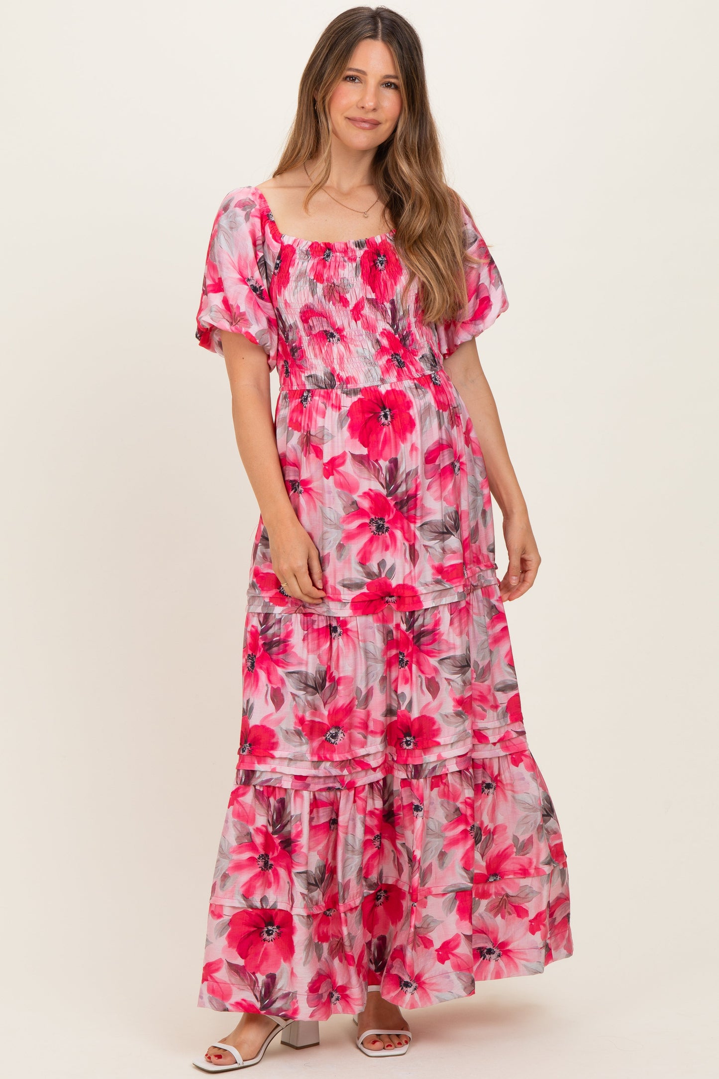 Fuchsia Floral Smocked Tiered Maternity Maxi Dress