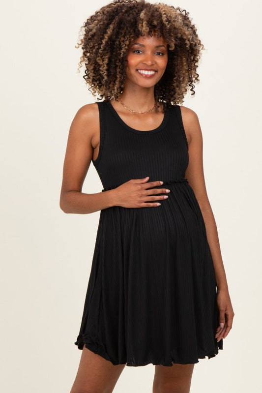 Black Ribbed Sleeveless Lettuce Trim Maternity Mini Dress