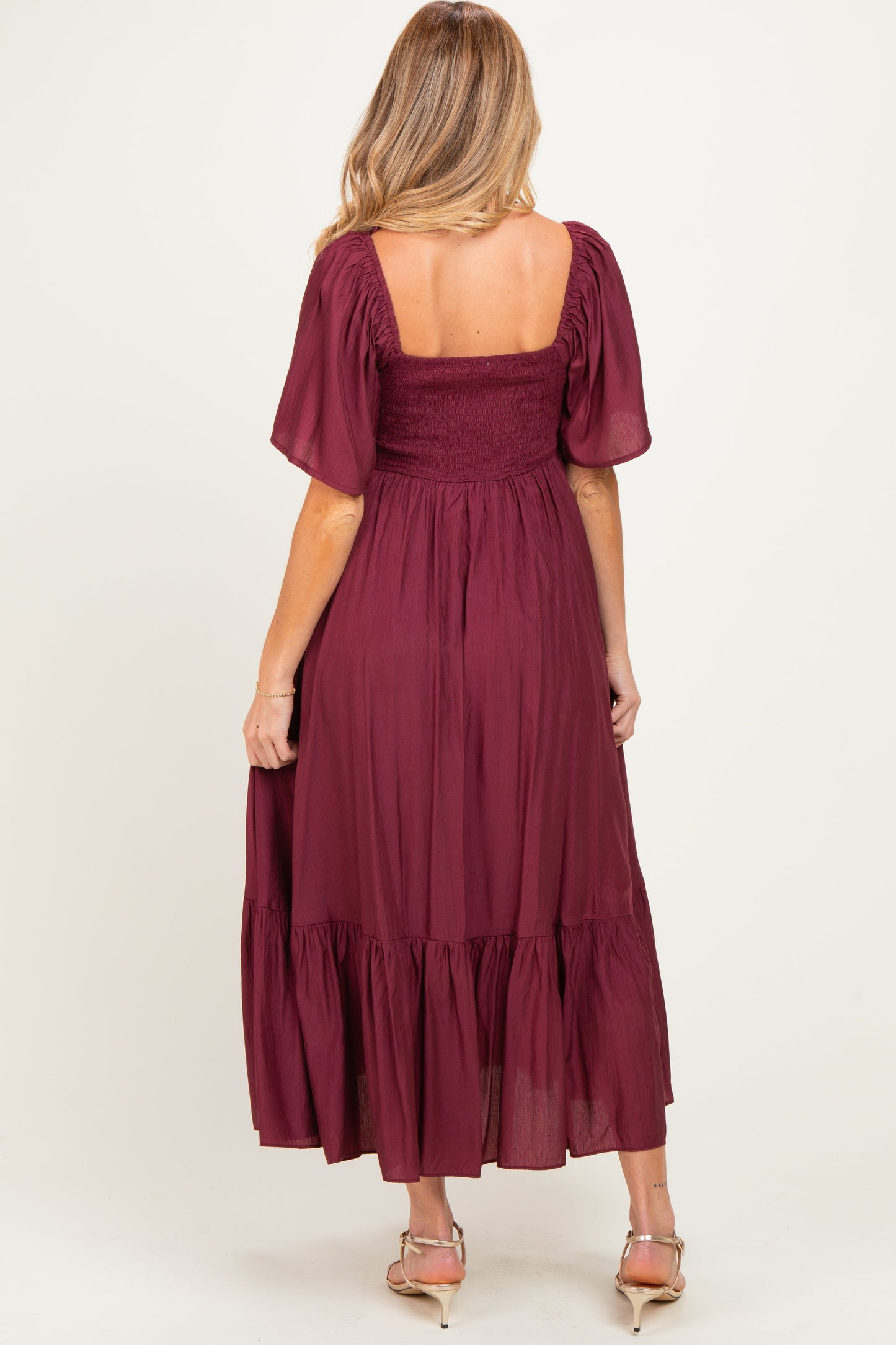 Burgundy Flutter Sleeve Ruffle Hem Maternity Midi Dress