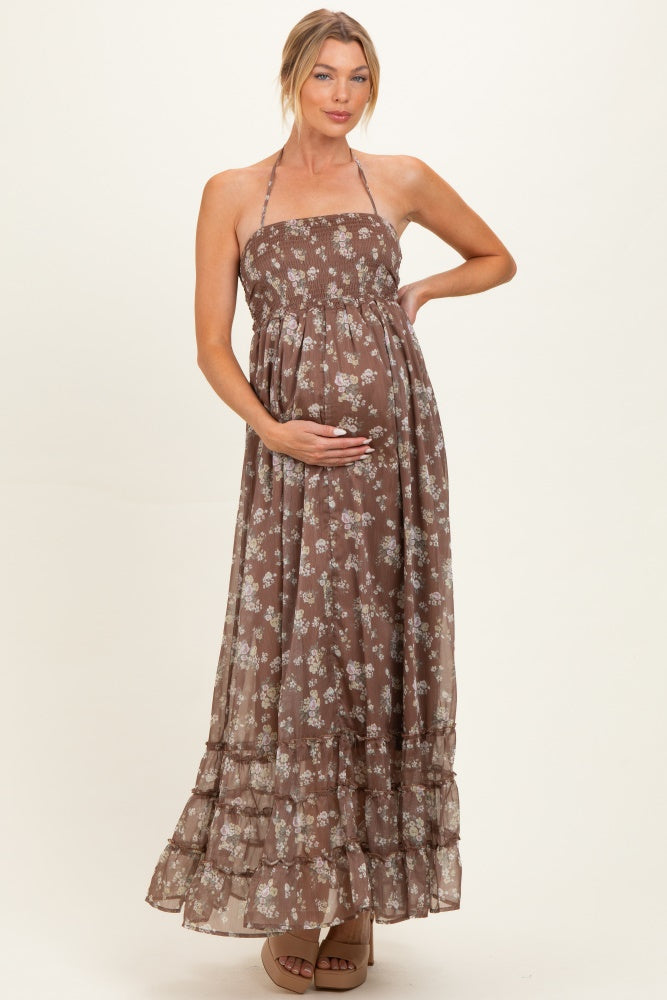 Brown Floral Smocked Open Back Maternity Maxi Dress