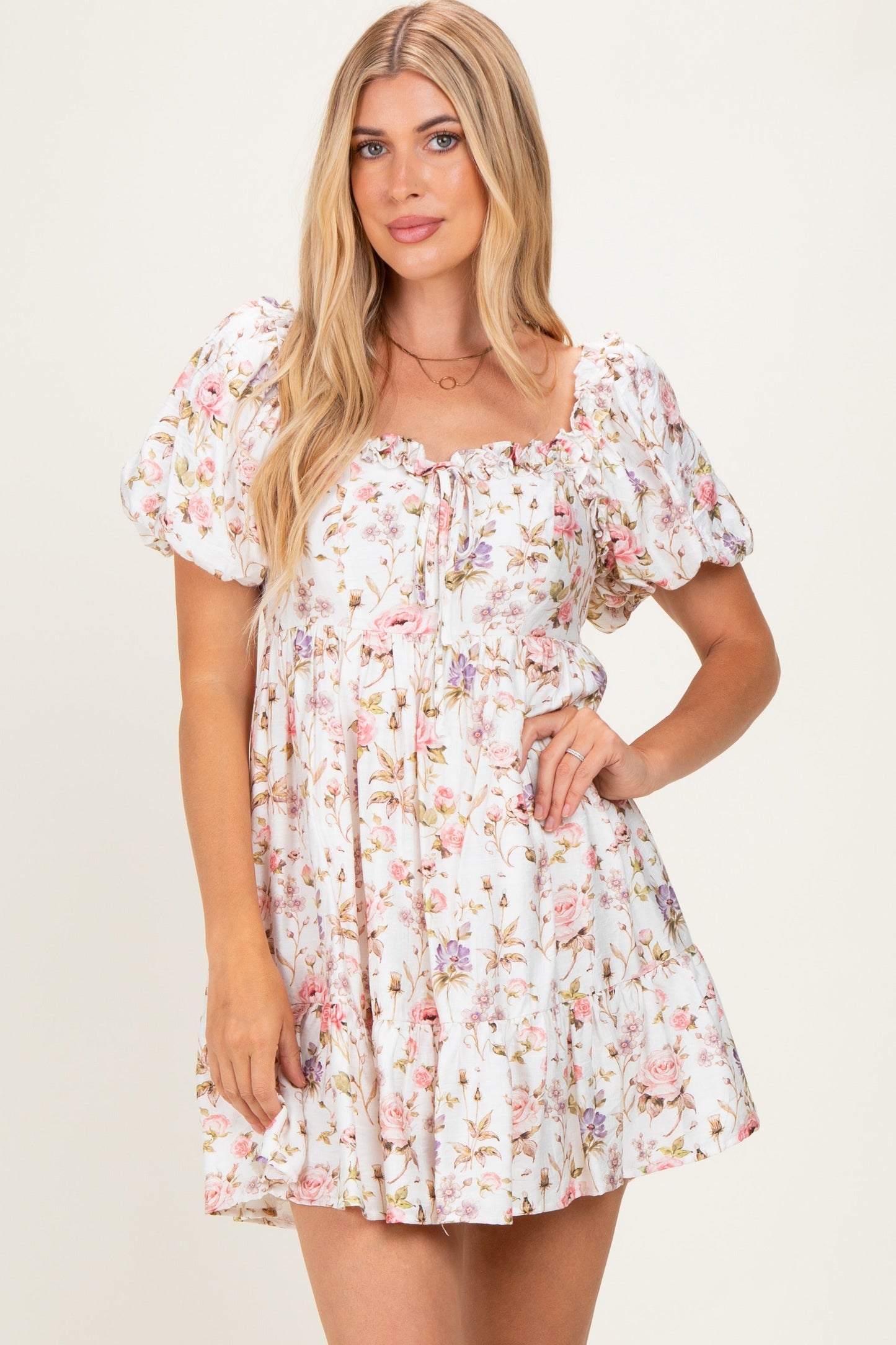 Ivory Floral Puff Sleeve Maternity Mini Dress