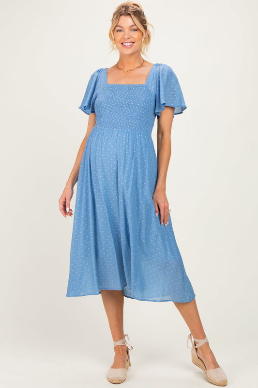 Blue Polka Dot Smocked Maternity Midi Dress