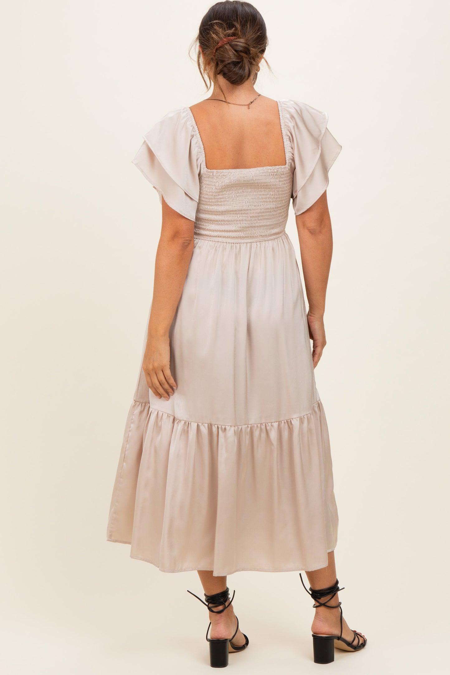 Champagne Satin Flutter Sleeve Maternity Midi Dress