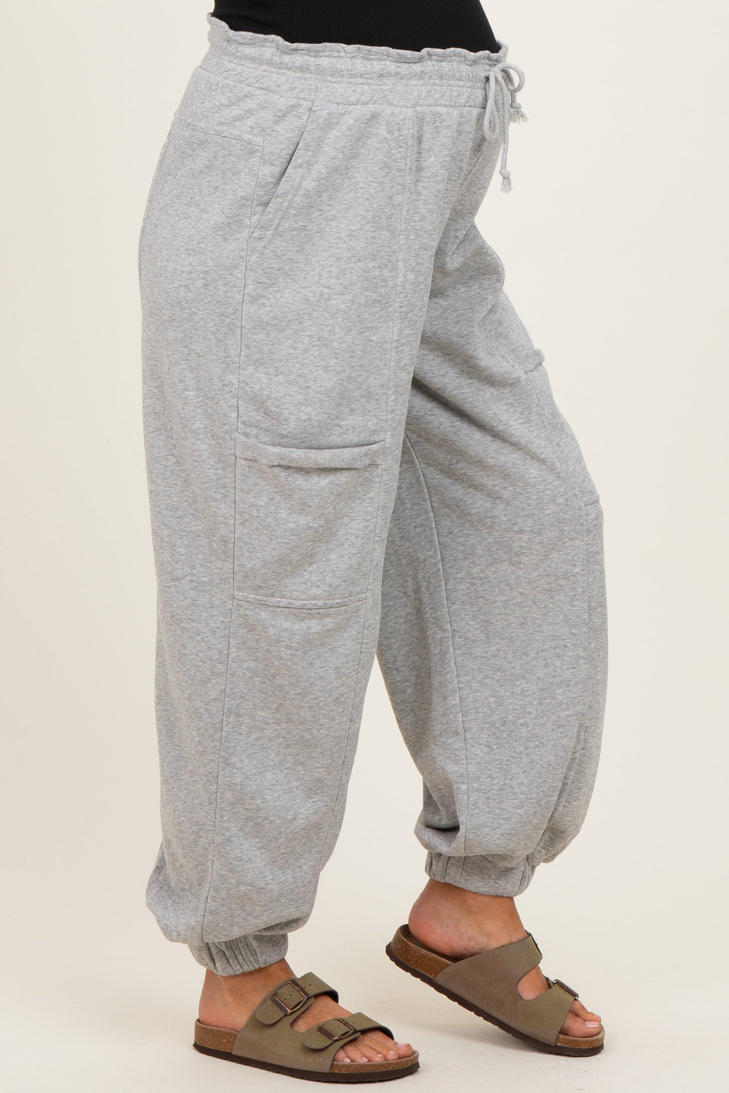 Heather Gray Ruffle Waist Burnout Maternity Jogger Pants