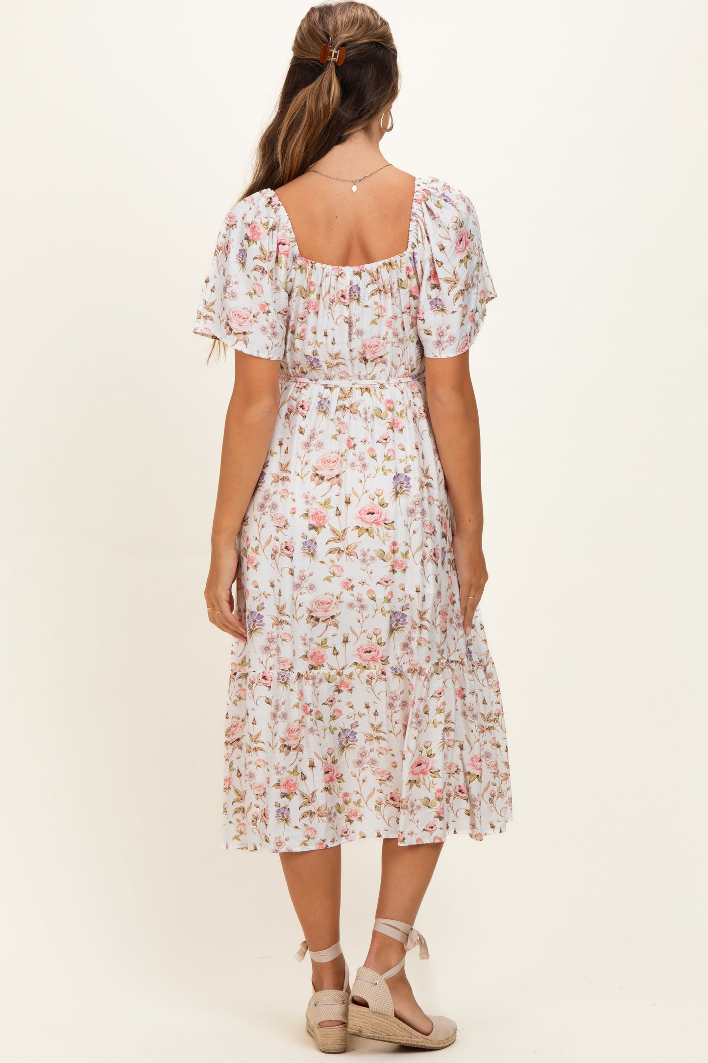 Ivory Floral Flutter Sleeve Maternity Midi Dress