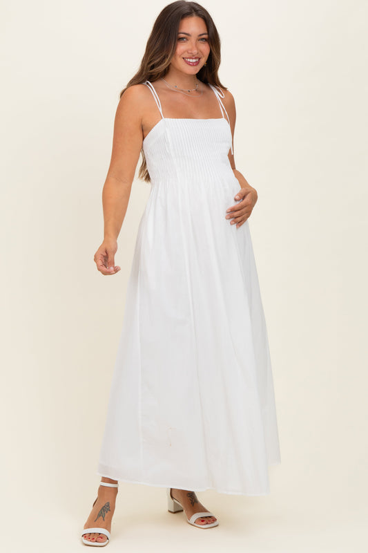 White Cotton Pintuck Tie Strap Maternity Maxi Dress