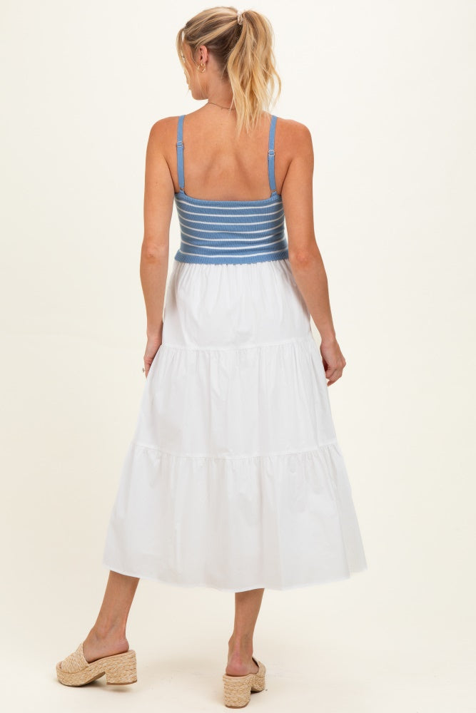 Blue Striped Knit Top Tiered Maternity Midi Dress