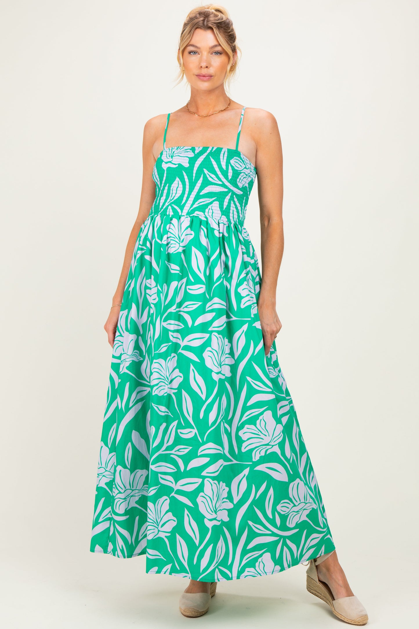 Kelly Green Floral Smocked Maternity Midi Dress