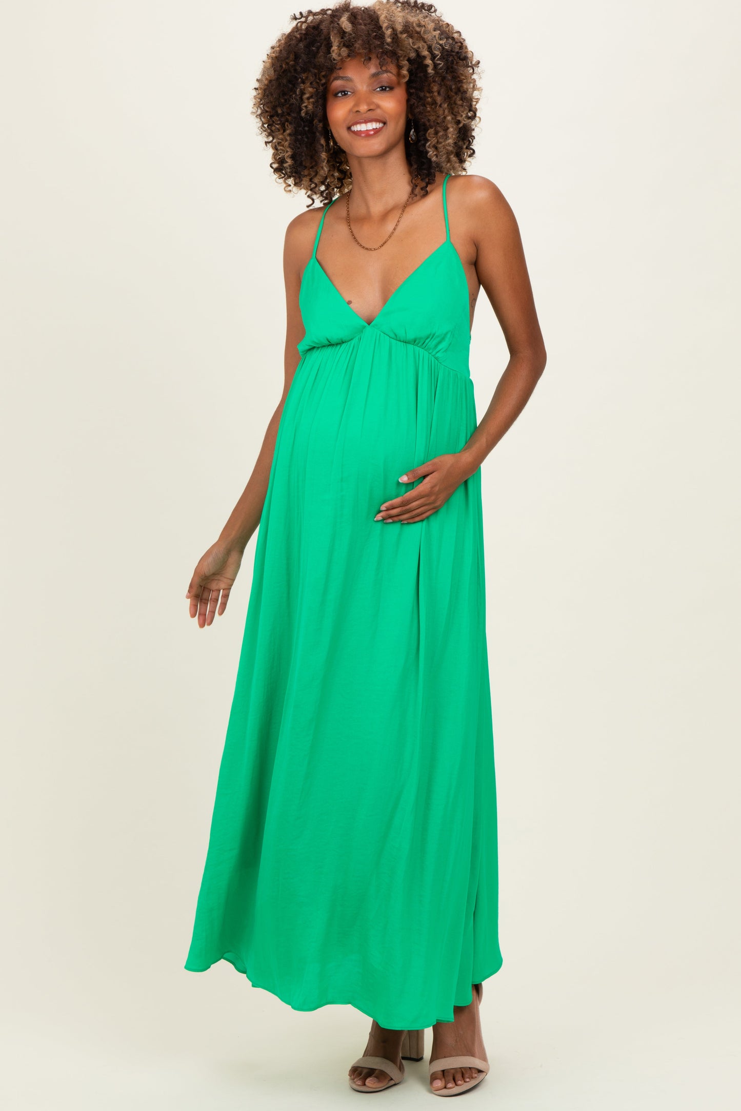Peridot V-Neck Open Back Maternity Maxi Dress