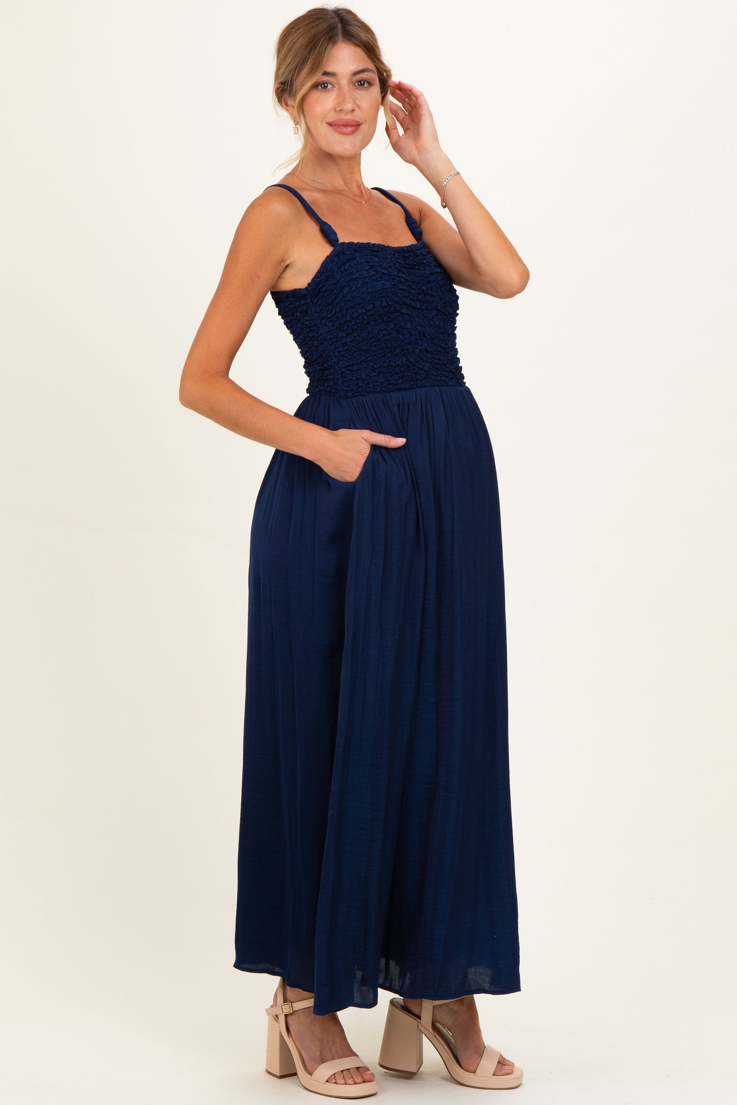 Navy Textured Smocked Maternity Maxi Dress