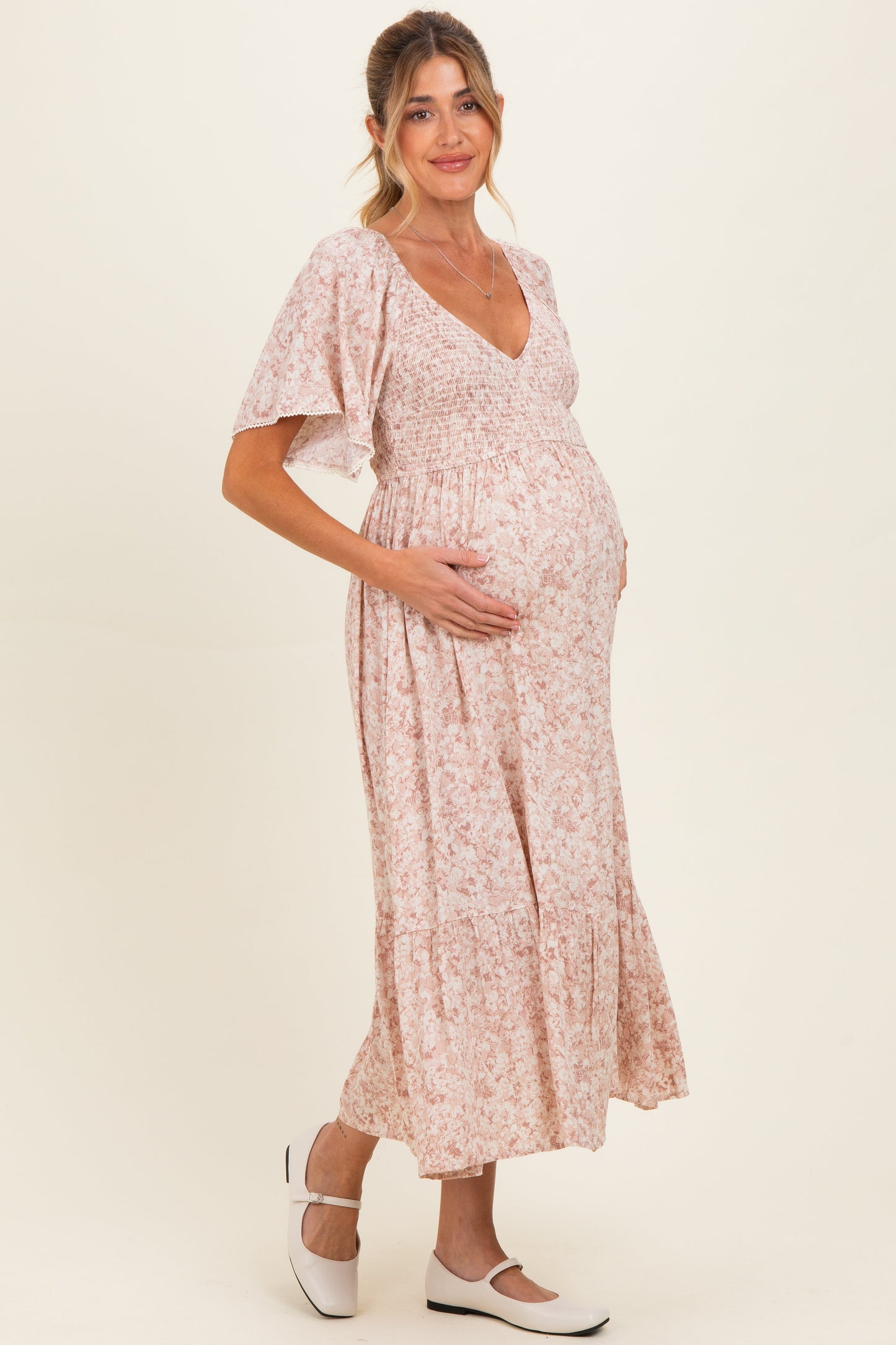 Mauve Flutter Sleeve Floral Print Smocked Chest Ruffled Hem Maternity Dress