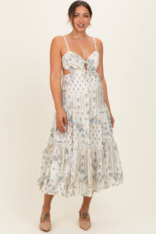 Ivory Floral Tiered Front Tie Maternity Midi Dress