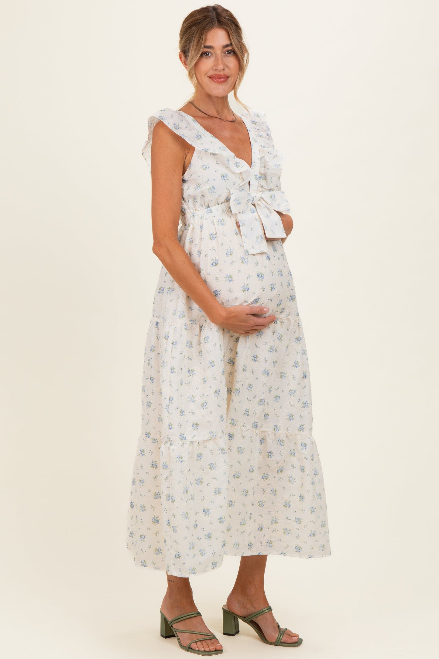 Cream Floral Front Bow Open Back Maternity Midi Dress