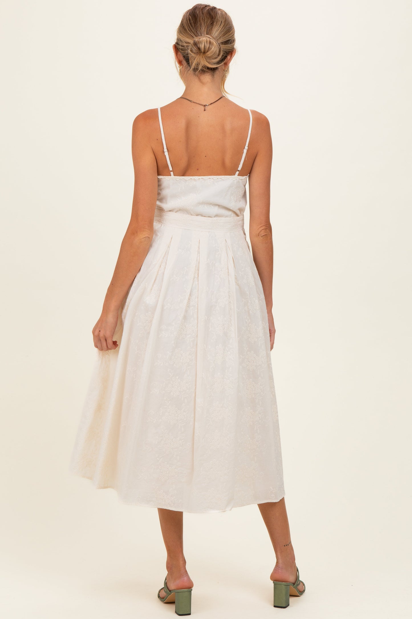 Cream Embroidered Tie Waist Maternity Midi Dress