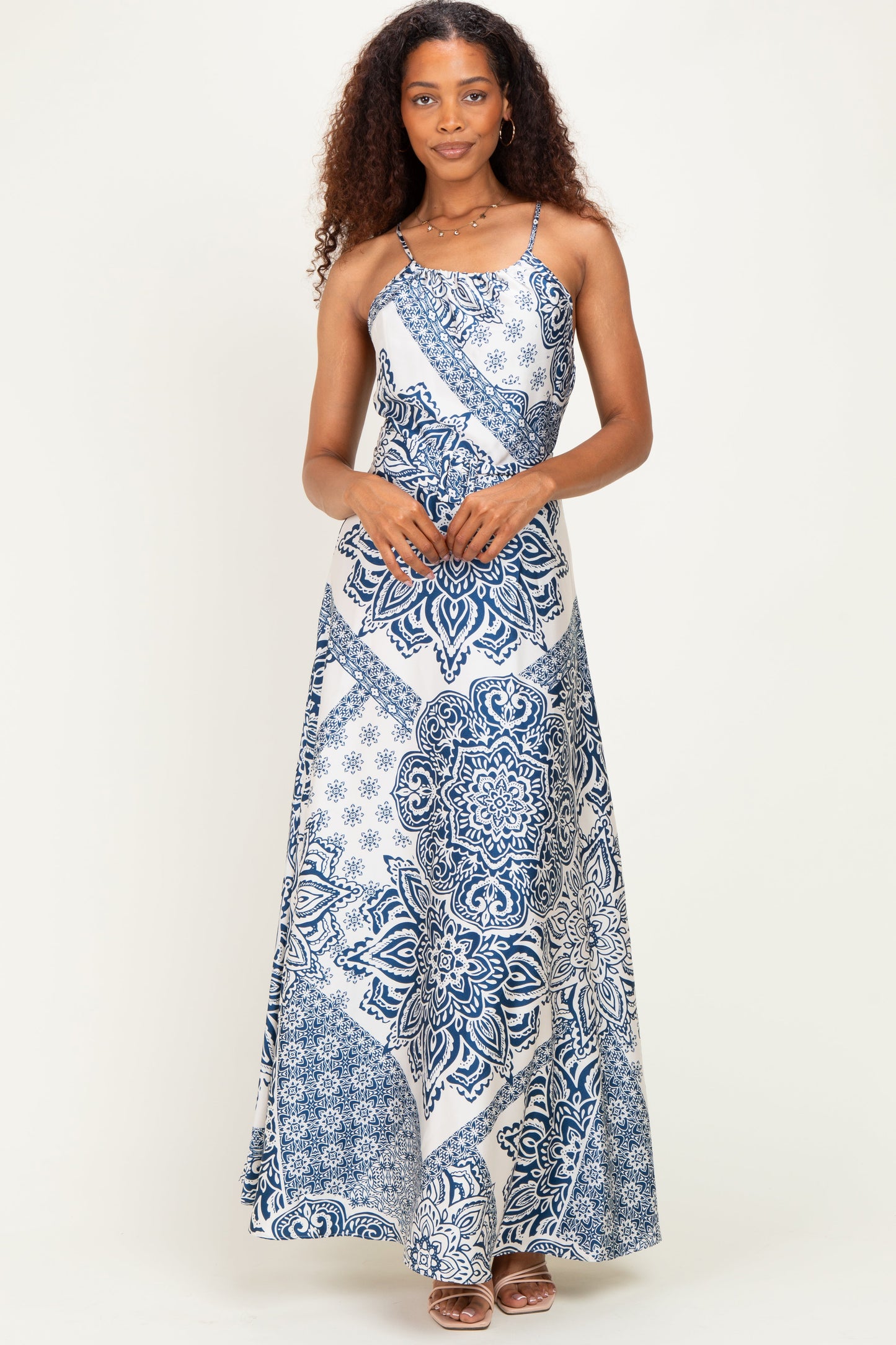 Navy Satin Floral Crossback Maternity Maxi Dress