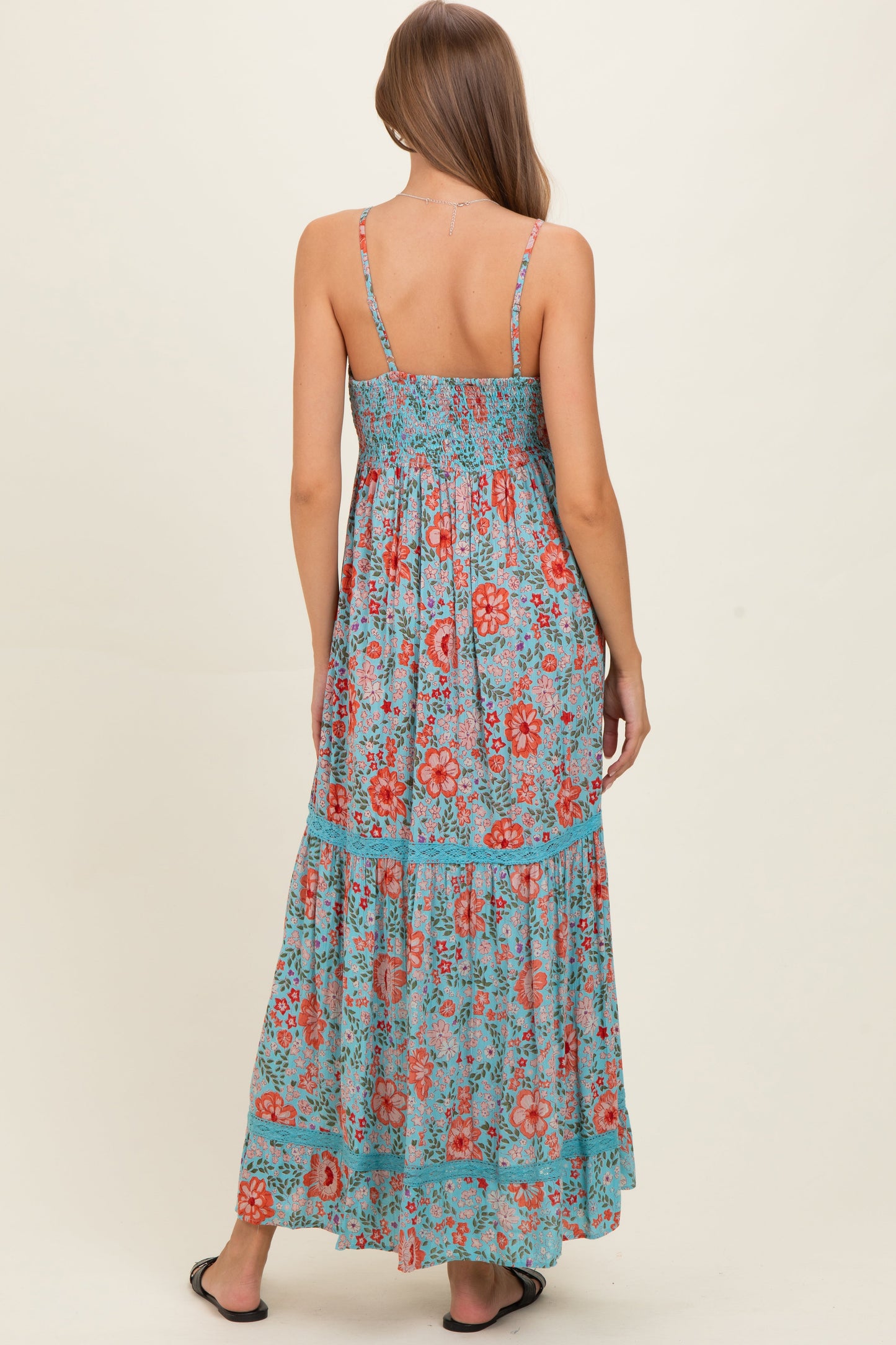 Mint Smocked Bust V Neck Lace Trim Maternity Maxi Dress