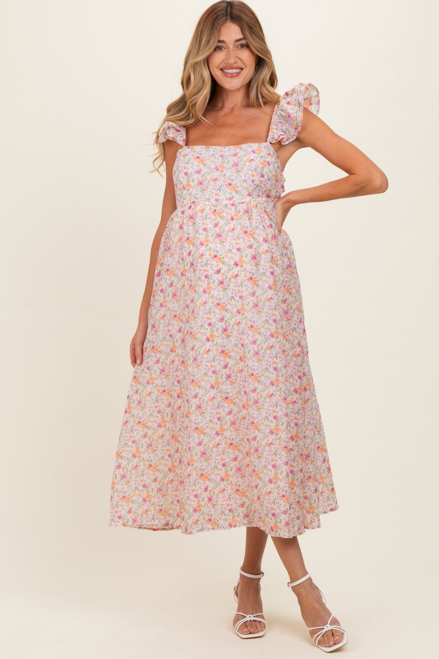 Blush Floral Ruffle Strap Maternity Midi Dress