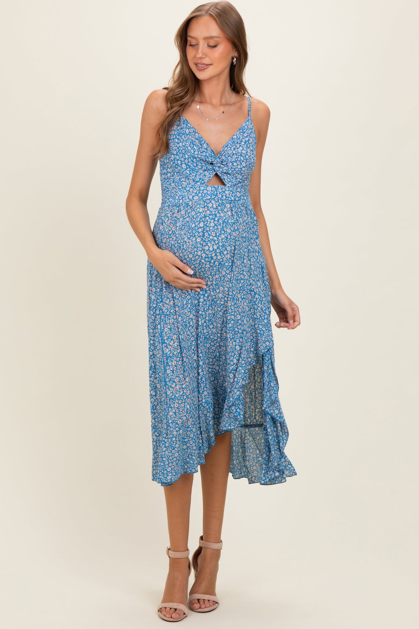 Cornflower V Neck Twist Front Cut Out Side Ruffle Slit Maternity Midi Dress