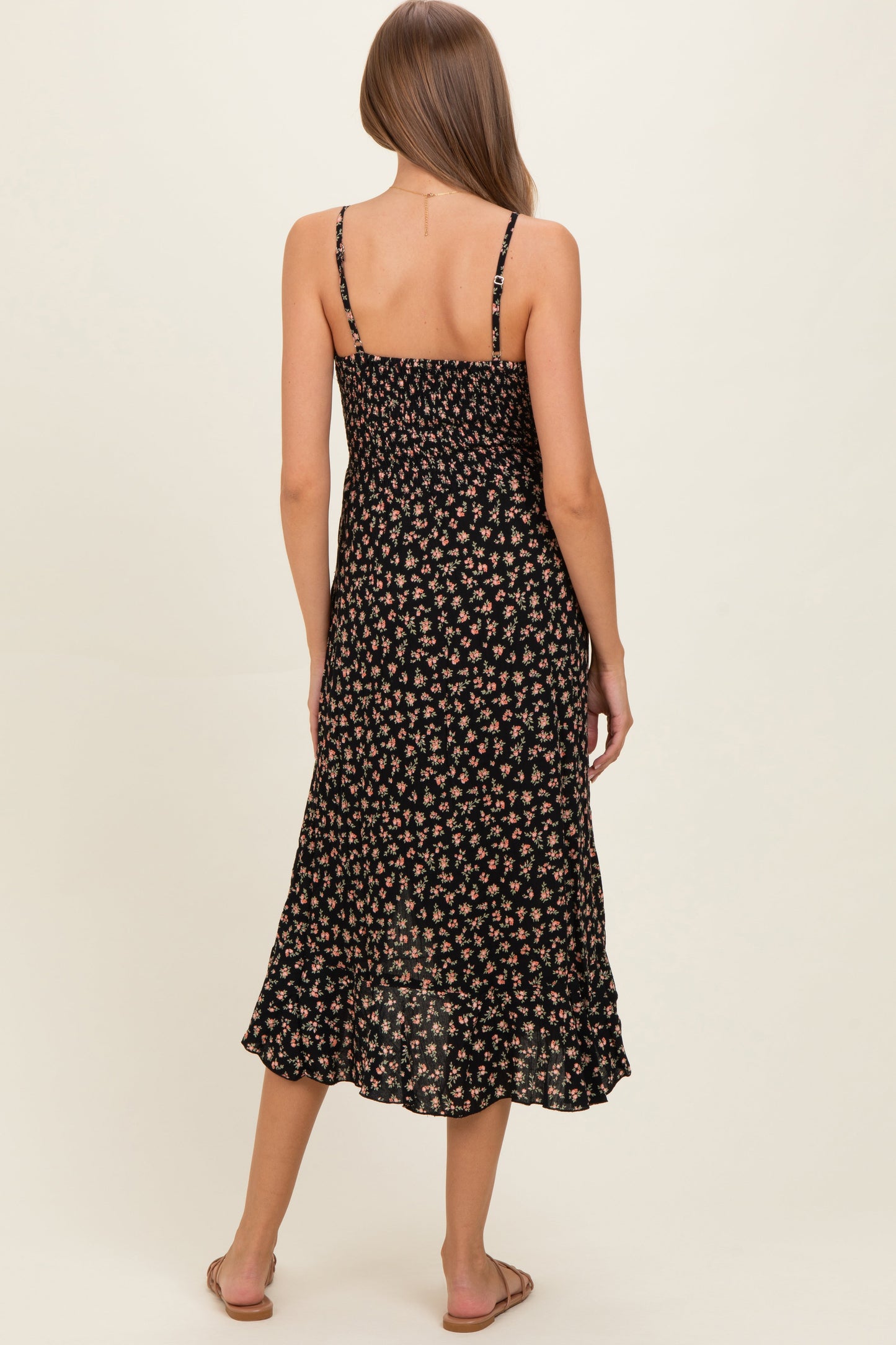 Black V Neck Twist Front Cut Out Side Ruffle Slit Maternity Midi Dress