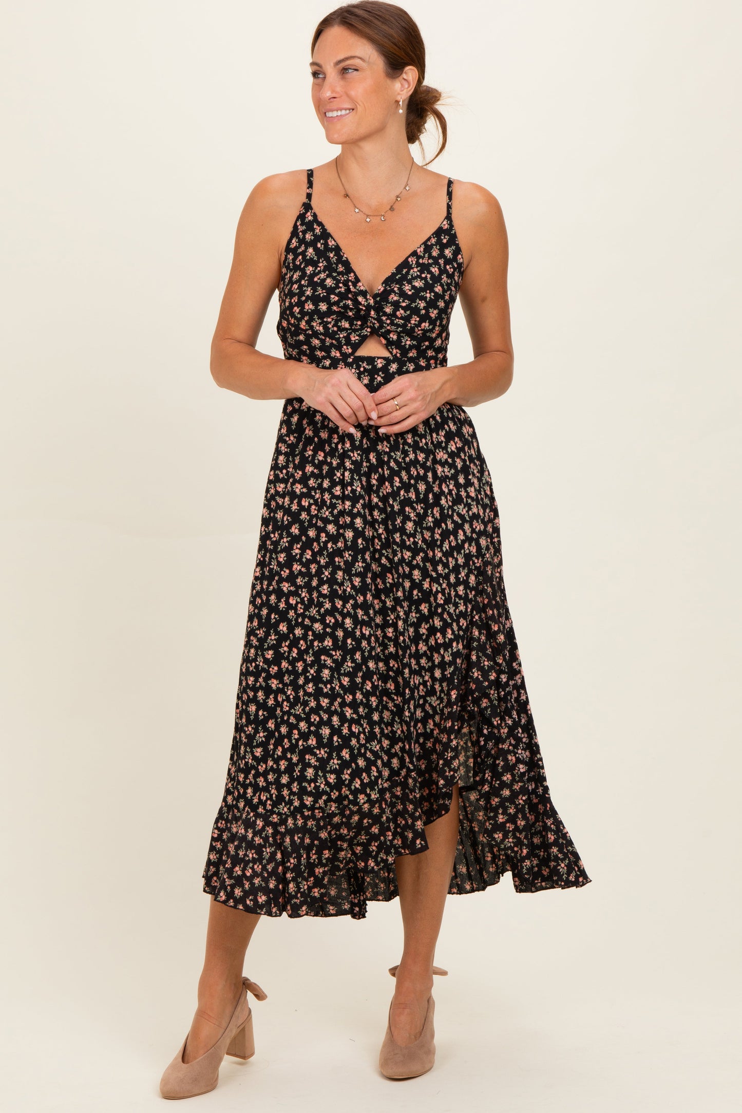Black V Neck Twist Front Cut Out Side Ruffle Slit Maternity Midi Dress