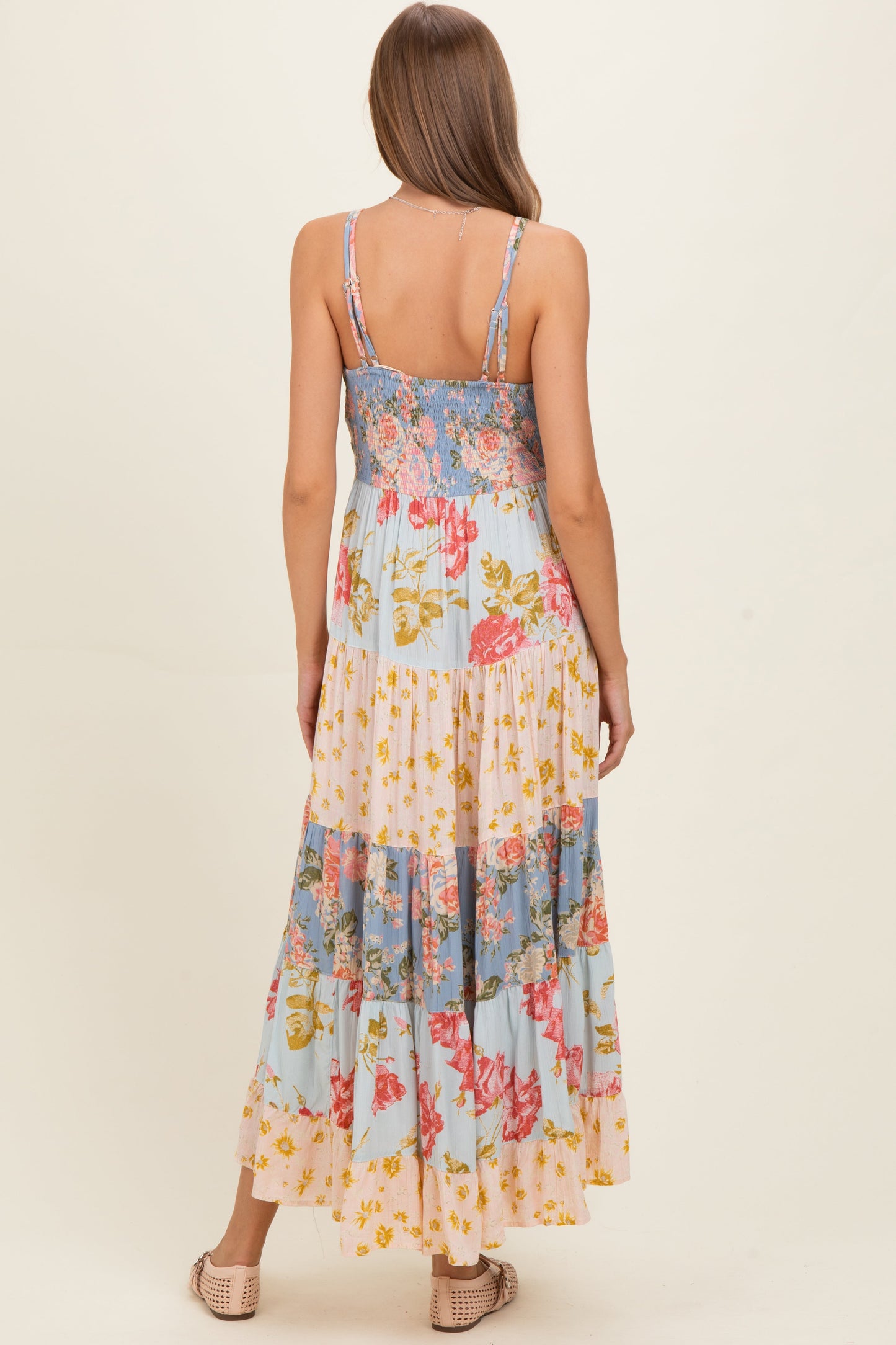 Multicolor Printed Lace Inset Tiered Maternity Maxi Dress