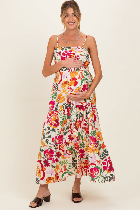 Cream Floral Tiered Maternity Midi Dress