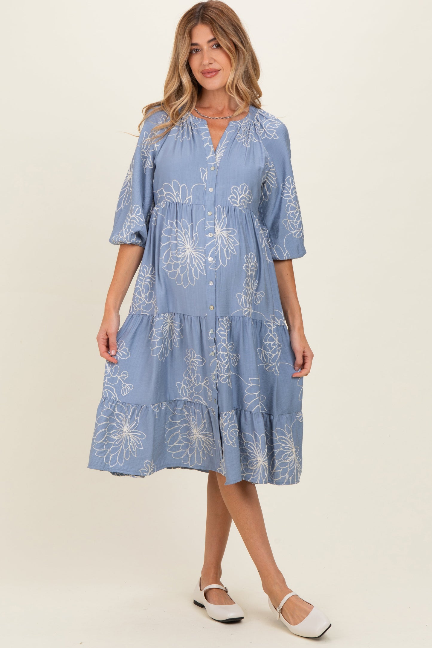Blue Embroidered Tiered Maternity Midi Shirt Dress