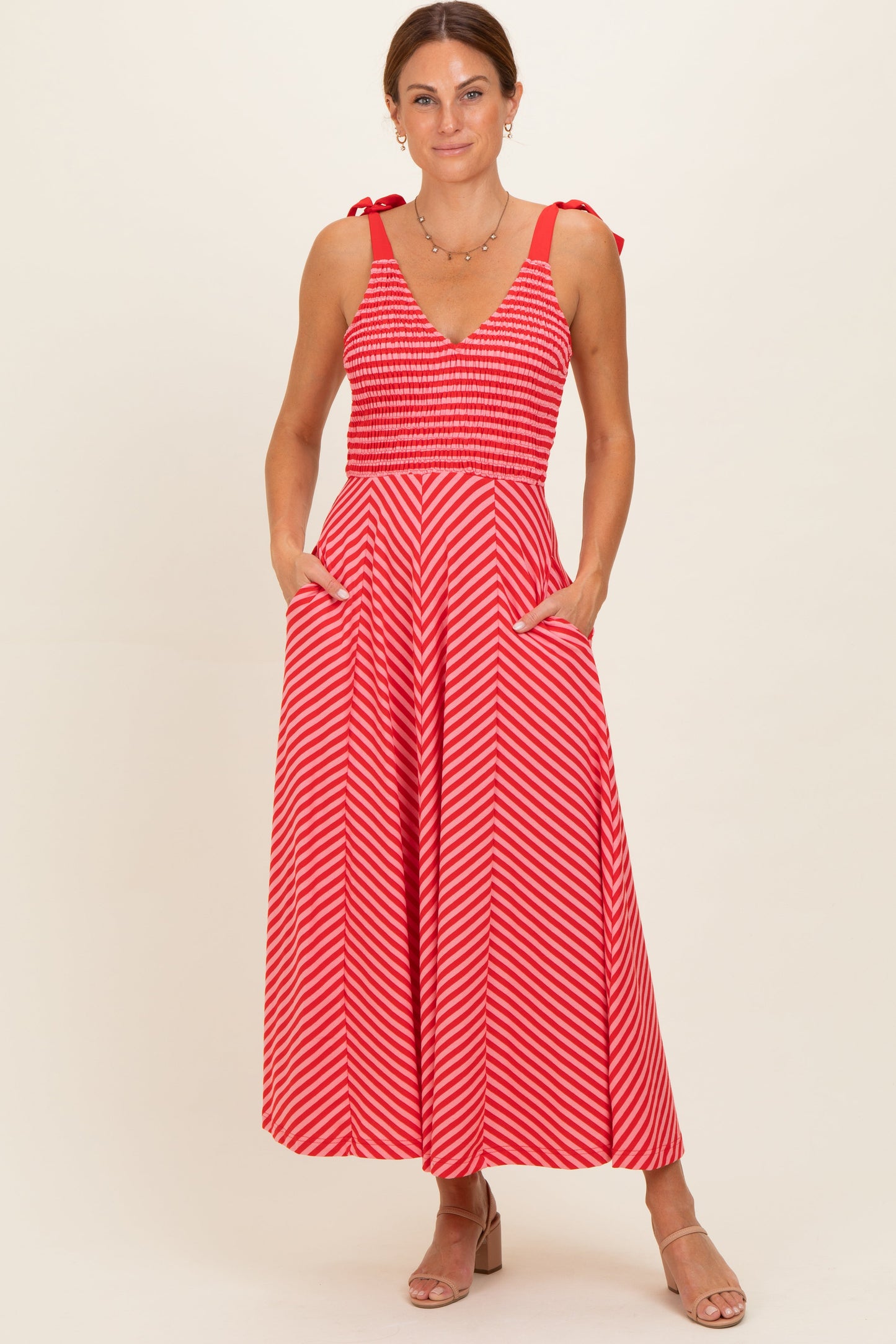 Red Striped Smocked Shoulder Tie Maternity Midi Dress