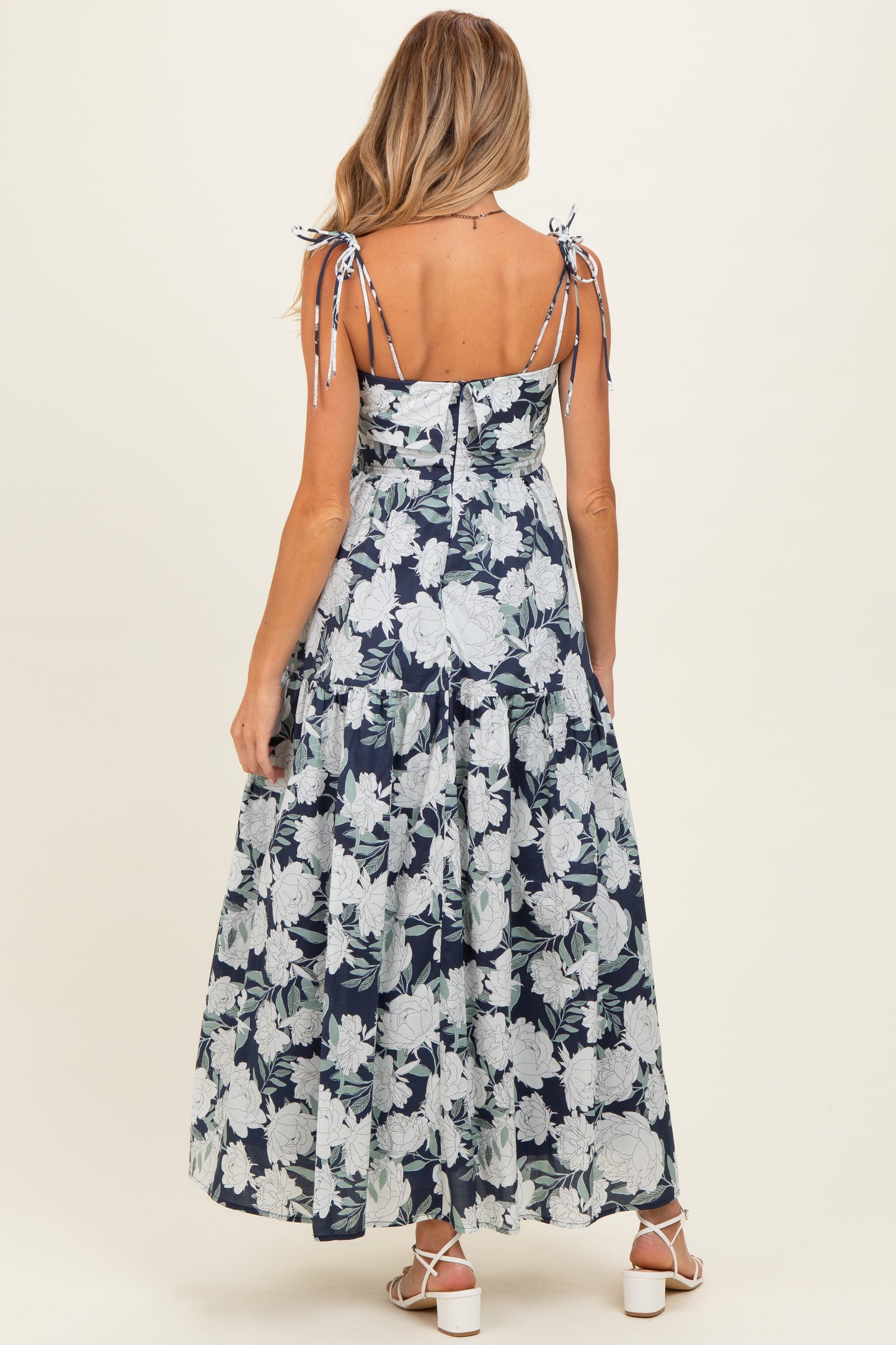 Navy Floral Shoulder Tie Tiered Maternity Maxi Dress