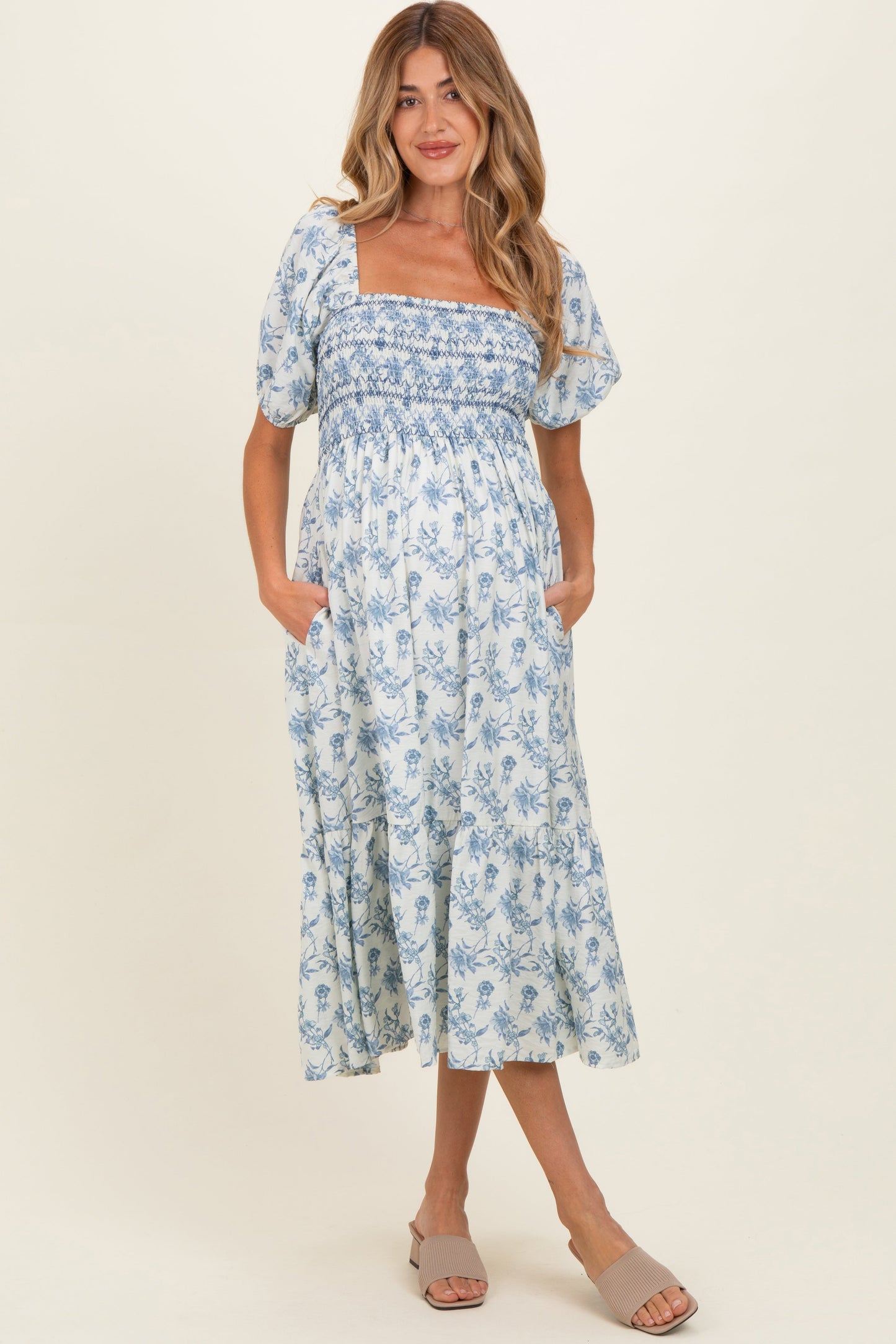 Porcelain Blue Floral Smocked Puff Sleeve Maternity Midi Dress