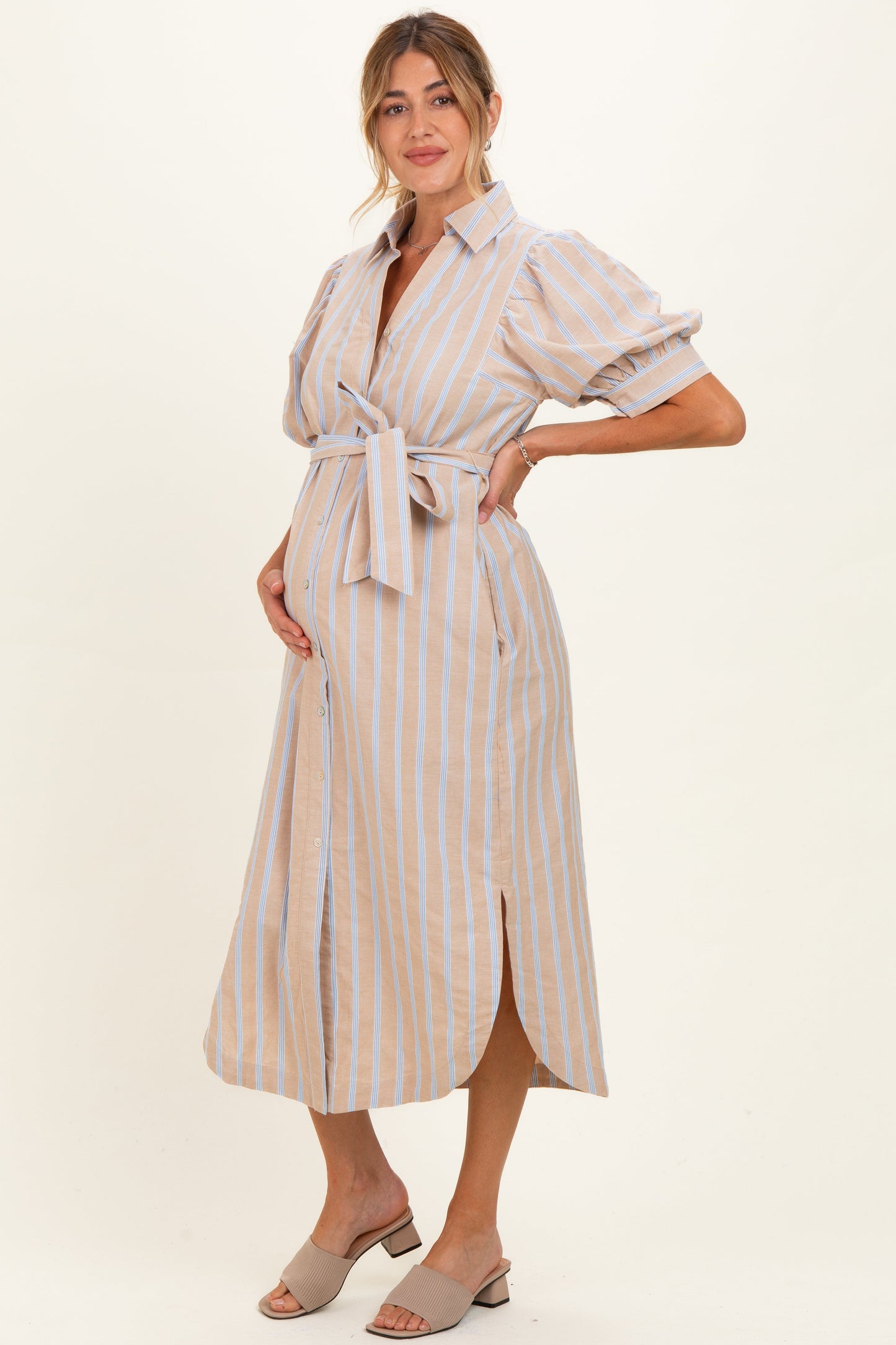 Sand Striped Puff Sleeve Maternity Midi Shirt Dress