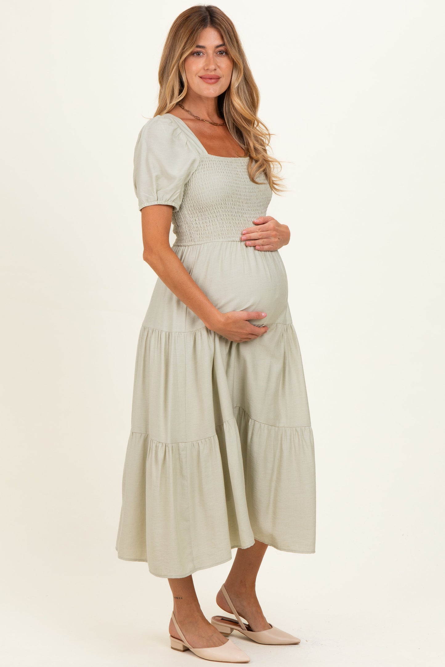 Sage Smocked Puff Sleeve Tiered Linen Maternity Midi Dress