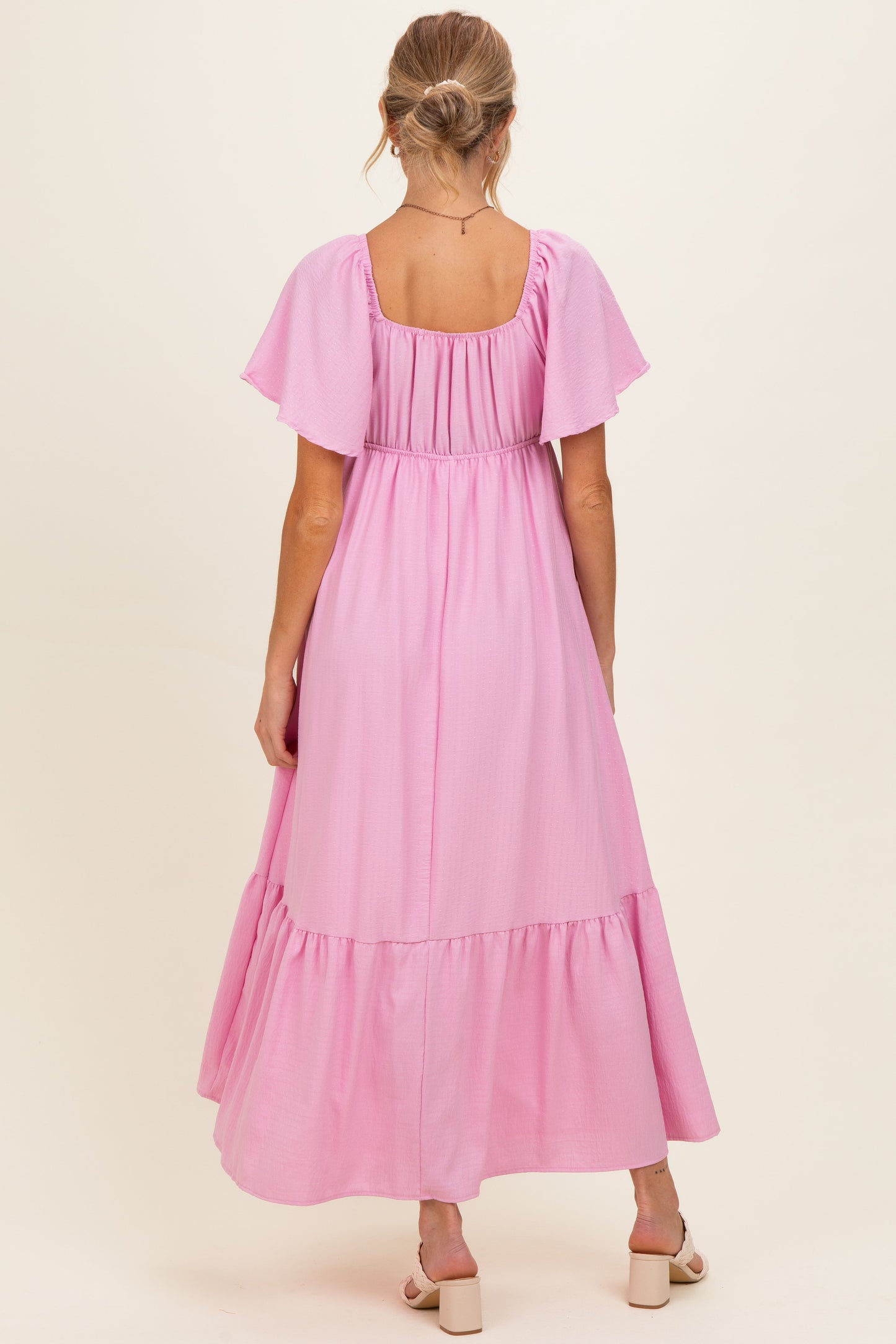Pink Flutter Sleeve Ruffle Hem Maternity Maxi Dress