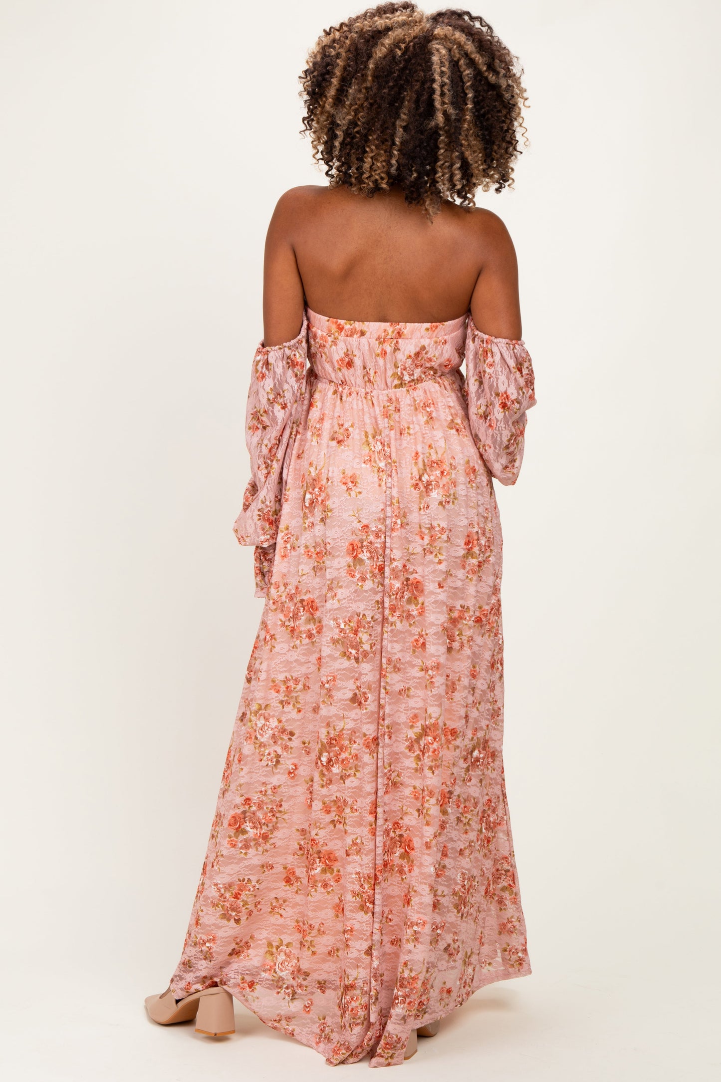 Peach Off Shoulder Long Sleeve Maternity Maxi Dress