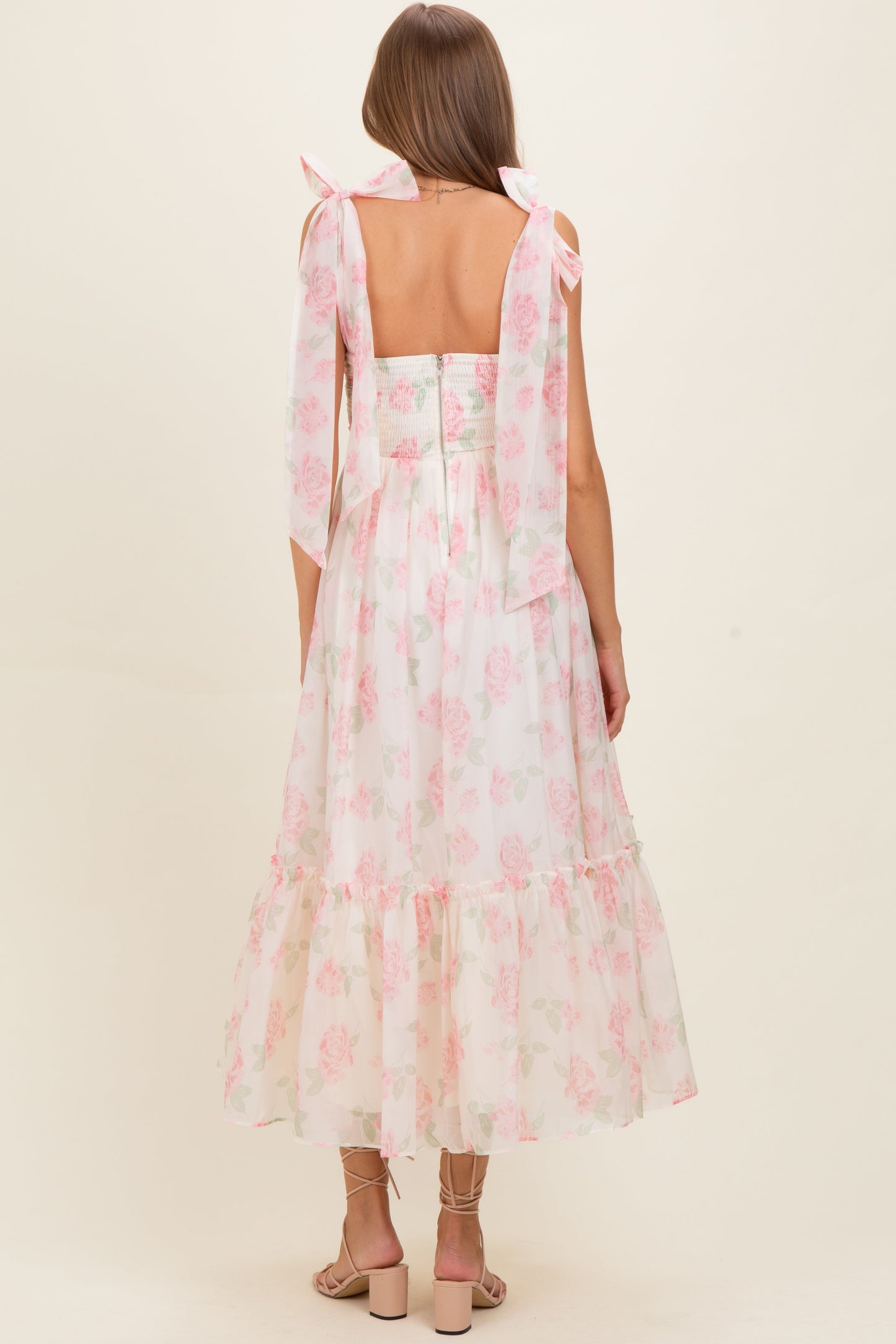 Pink Floral Chiffon Shoulder Tie Maternity Midi Dress