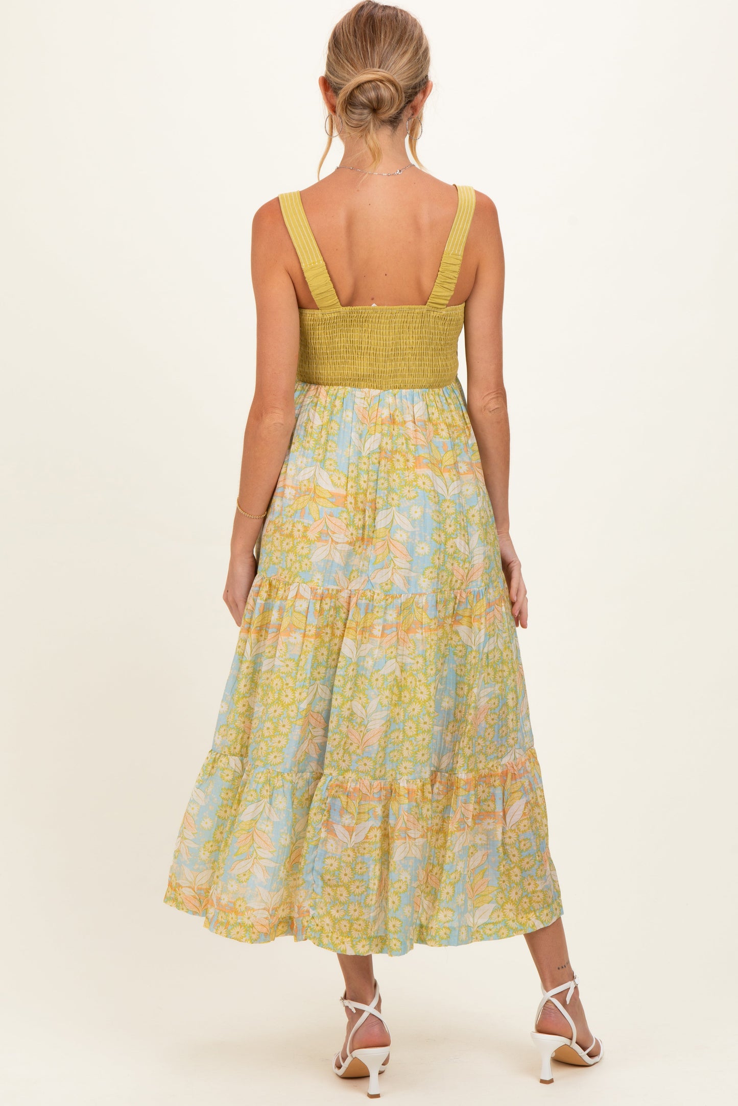 Lime Colorblock Floral Tiered Maternity Midi Dress