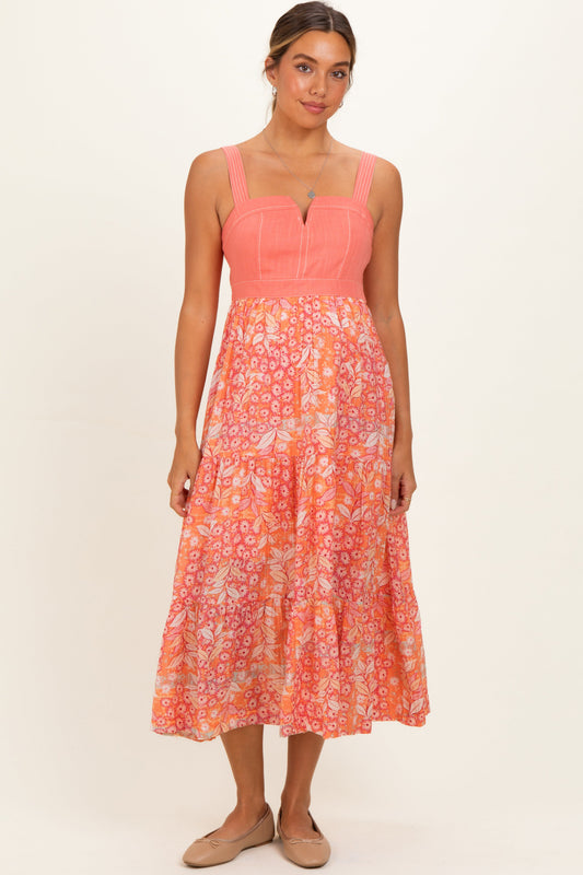Coral Orange Colorblock Floral Tiered Maternity Midi Dress