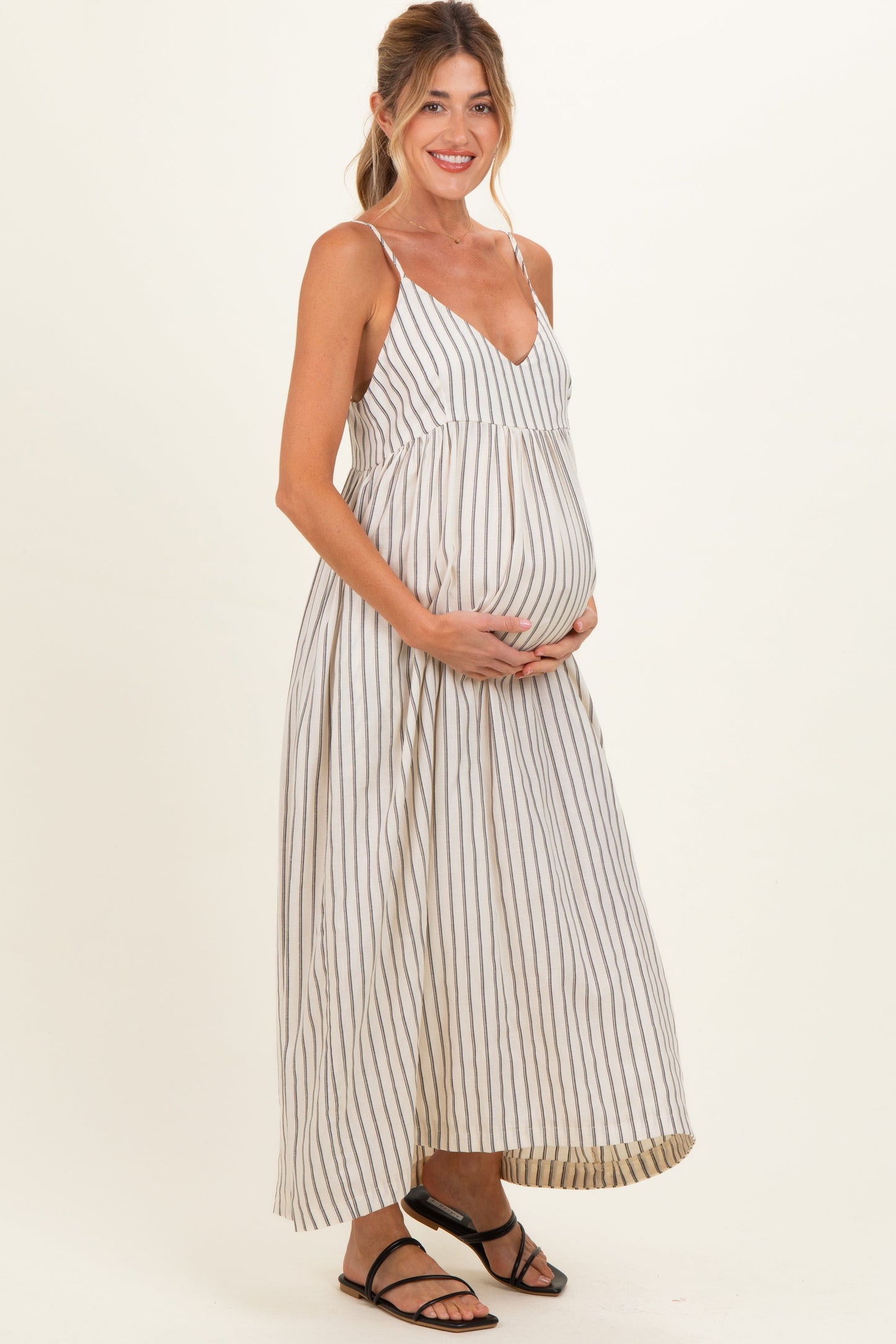 Natural Striped V-Neck Sleeveless Maternity Maxi Dress